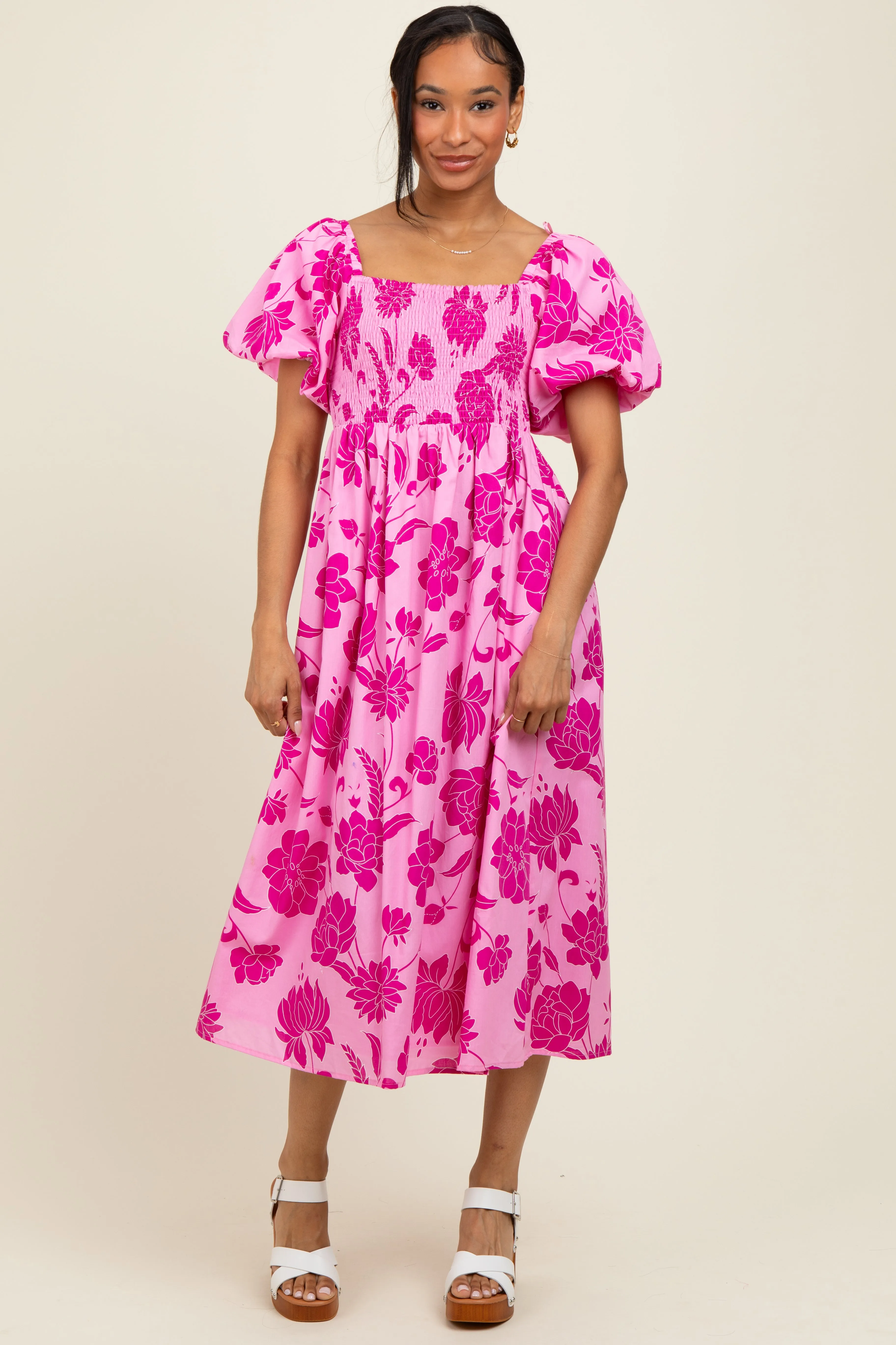 Pink Floral Smocked Puff Sleeve Midi Dress sold by Pinkblush