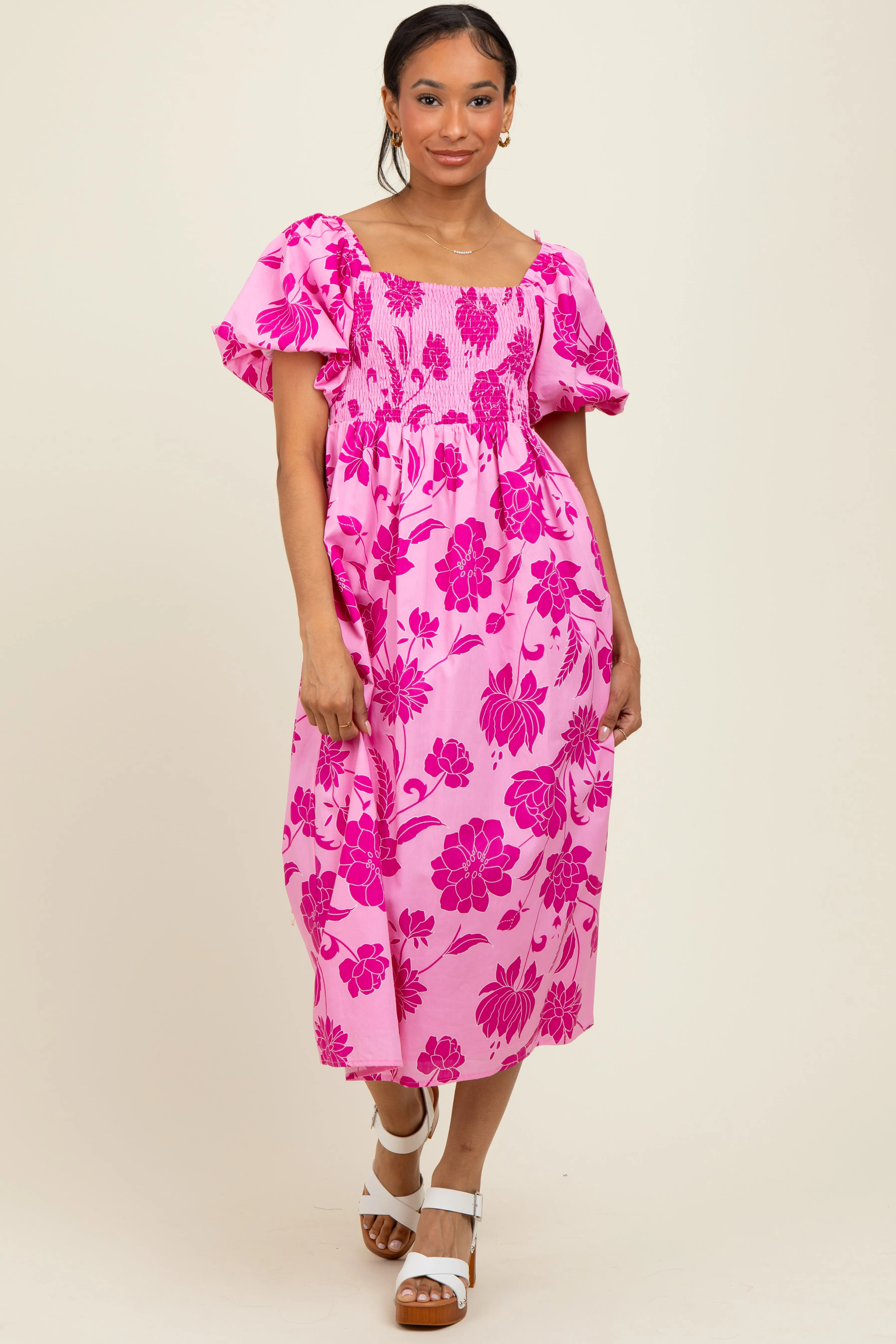 Pink Floral Smocked Puff Sleeve Midi Dress sold by Pinkblush product image thumbnail 2