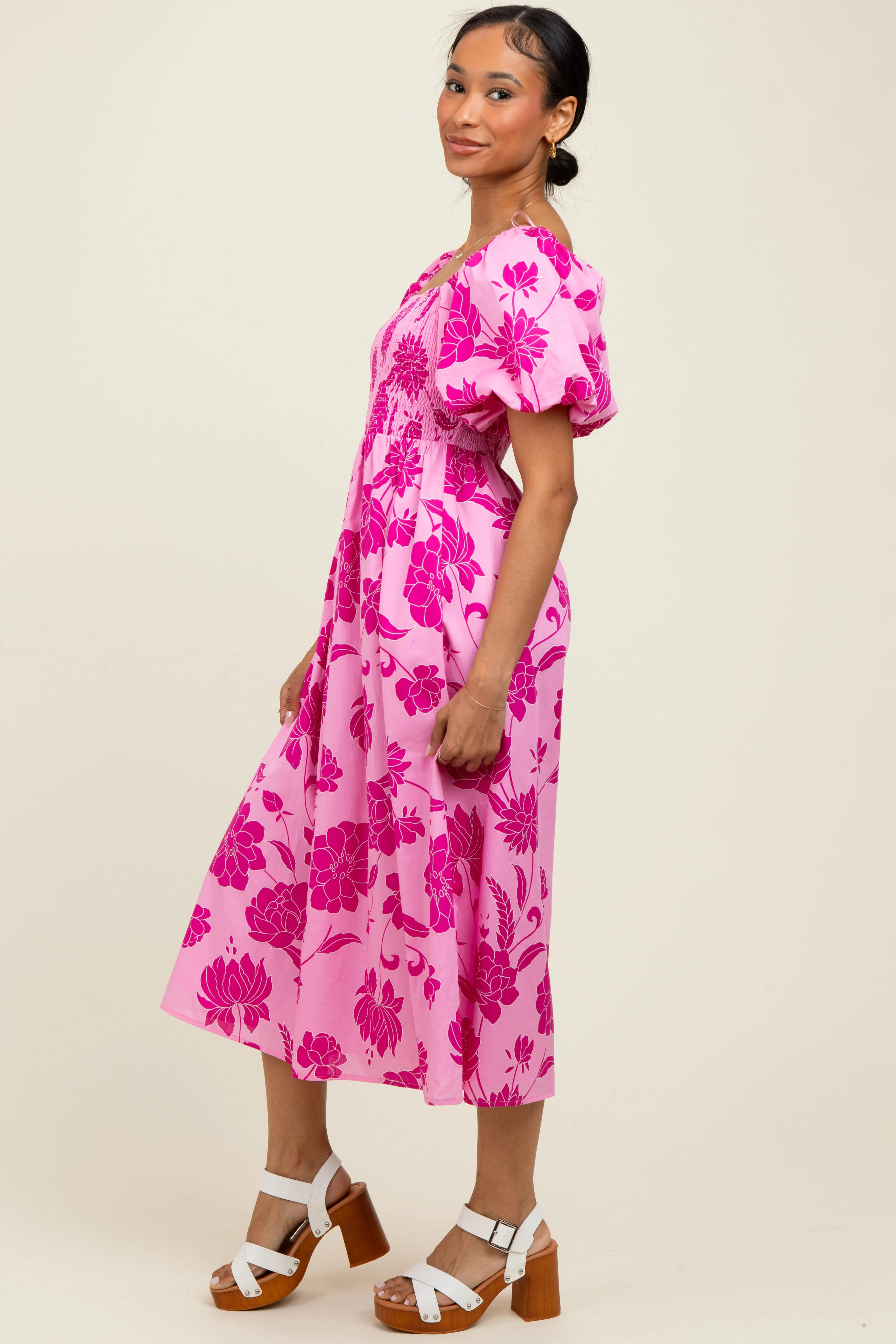 Pink Floral Smocked Puff Sleeve Midi Dress sold by Pinkblush product image thumbnail 3