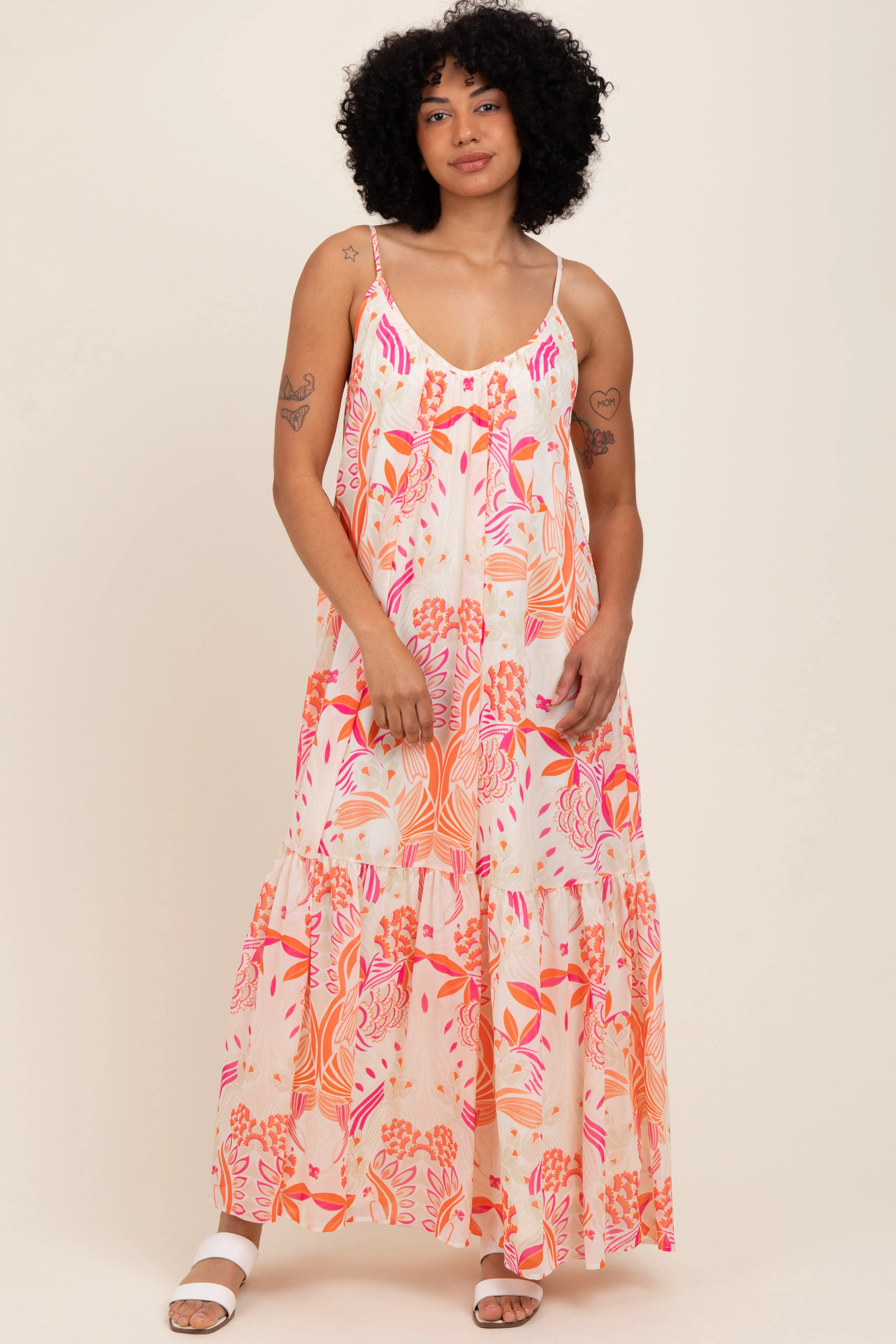Orange Floral Tie Back Maxi Dress sold by Pinkblush
