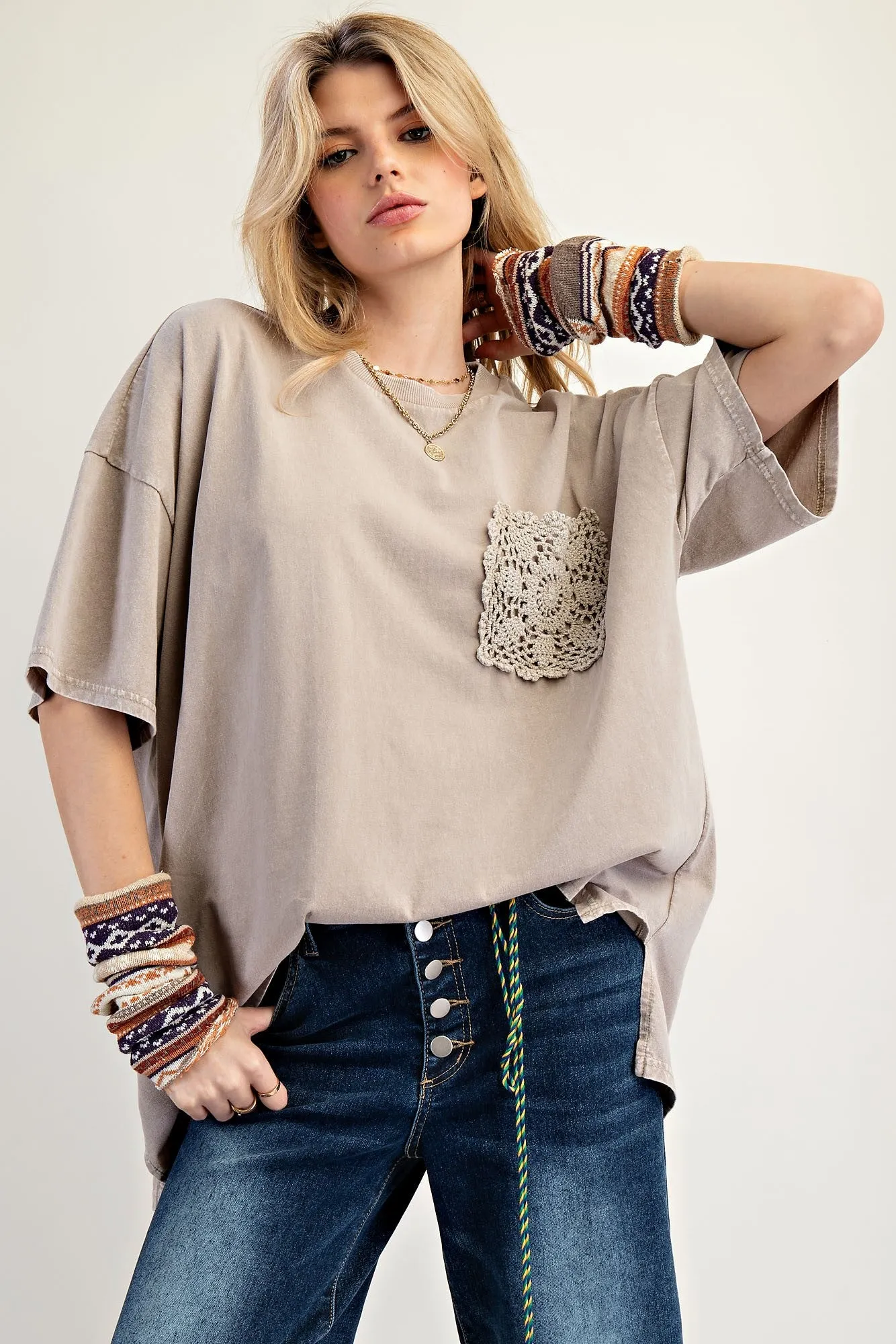 Taupe Mineral Wash Crochet Pocket Top sold by Pinkblush