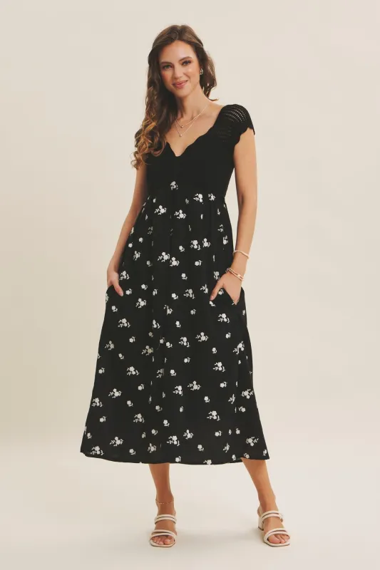 Black Crochet Sweater Floral Embroidery Midi Dress sold by Pinkblush