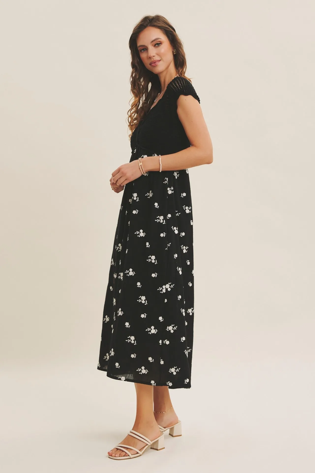 Black Crochet Sweater Floral Embroidery Midi Dress sold by Pinkblush product image thumbnail 2