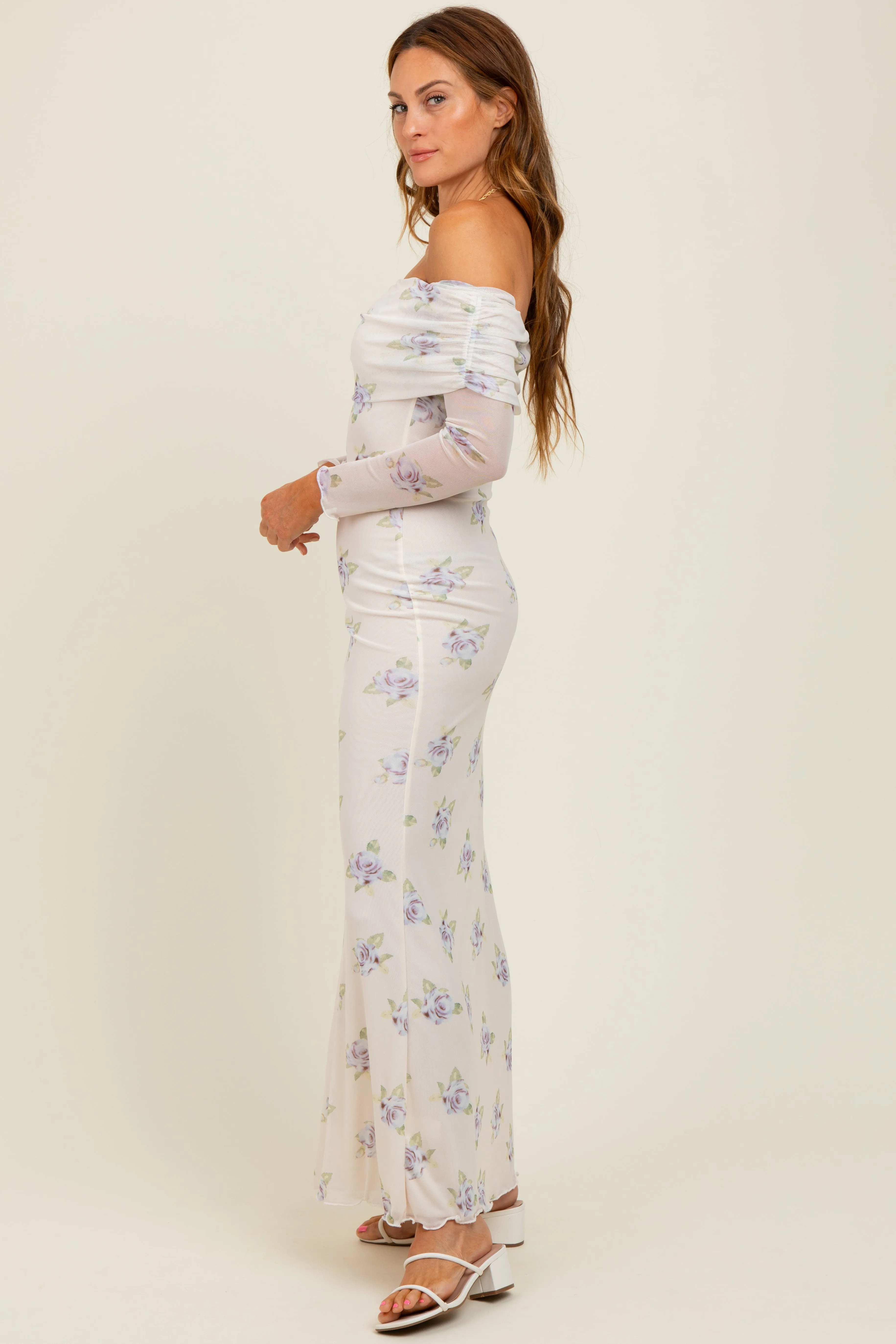 Ivory Floral Mesh Off Shoulder Foldover Maxi Dress sold by Pinkblush product image thumbnail 3