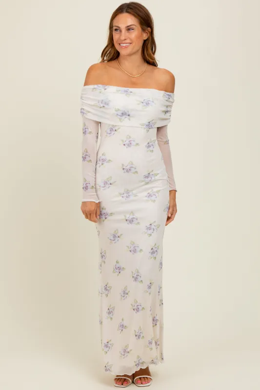 Ivory Floral Mesh Off Shoulder Foldover Maxi Dress sold by Pinkblush