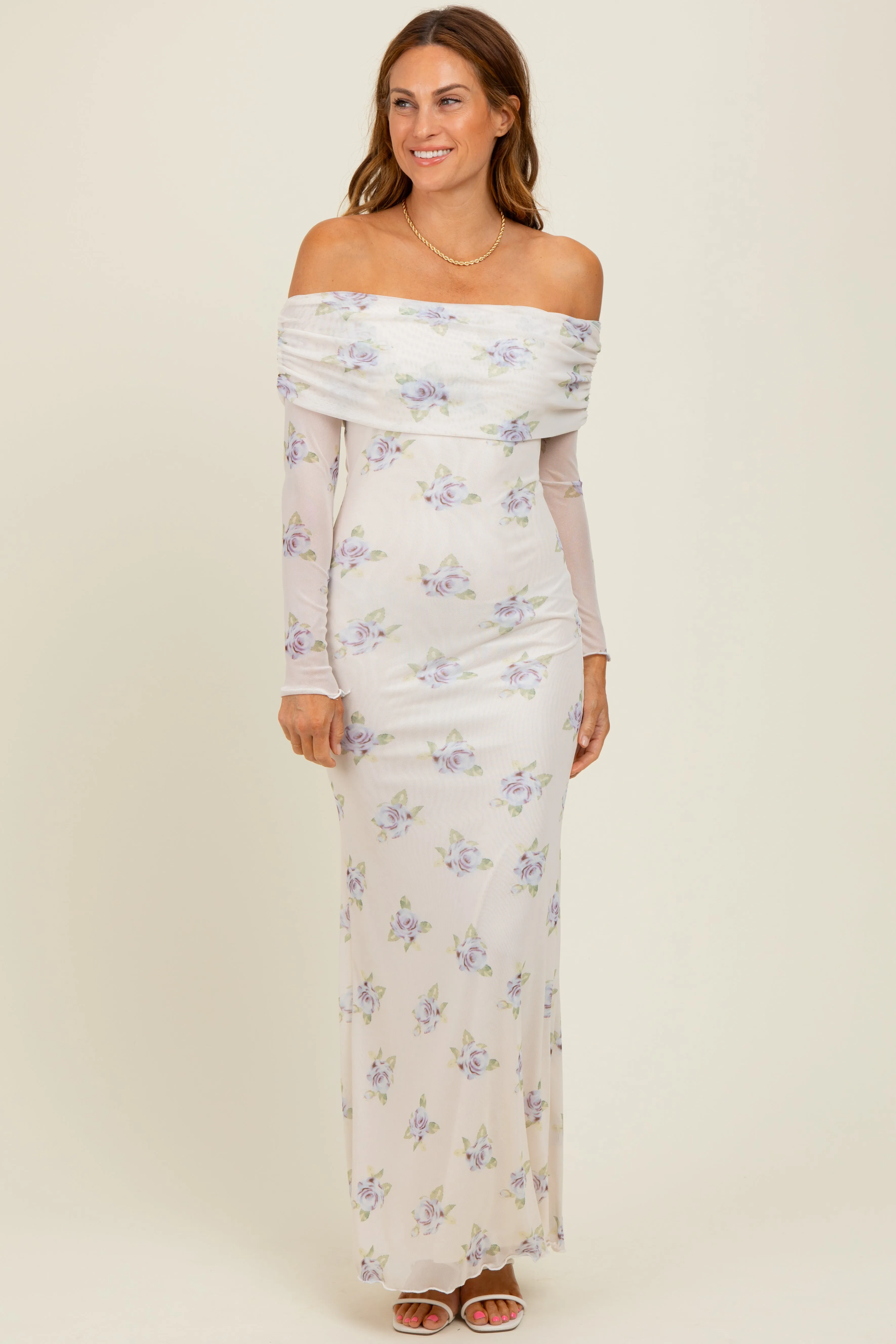 Ivory Floral Mesh Off Shoulder Foldover Maxi Dress sold by Pinkblush