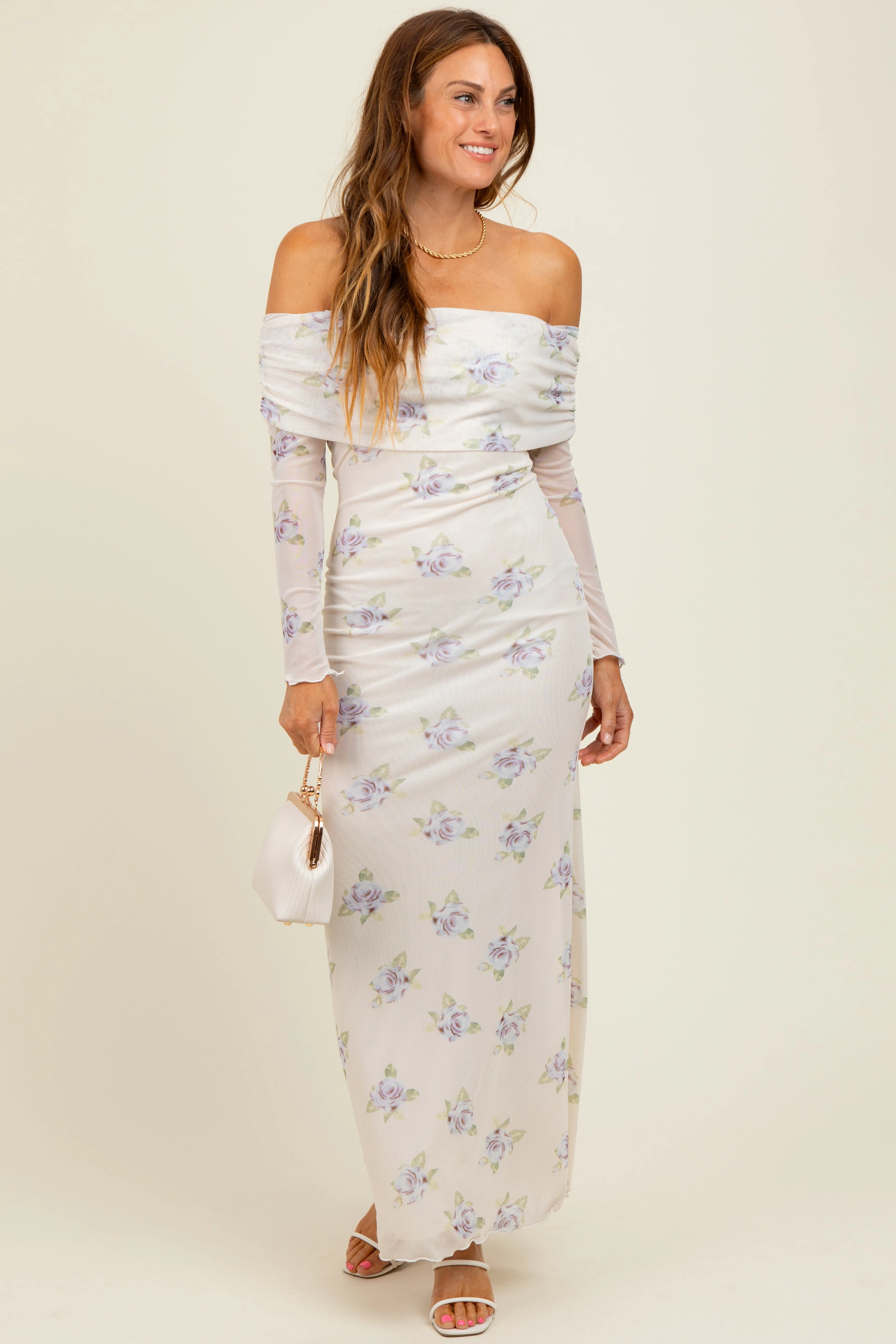 Ivory Floral Mesh Off Shoulder Foldover Maxi Dress sold by Pinkblush product image thumbnail 2