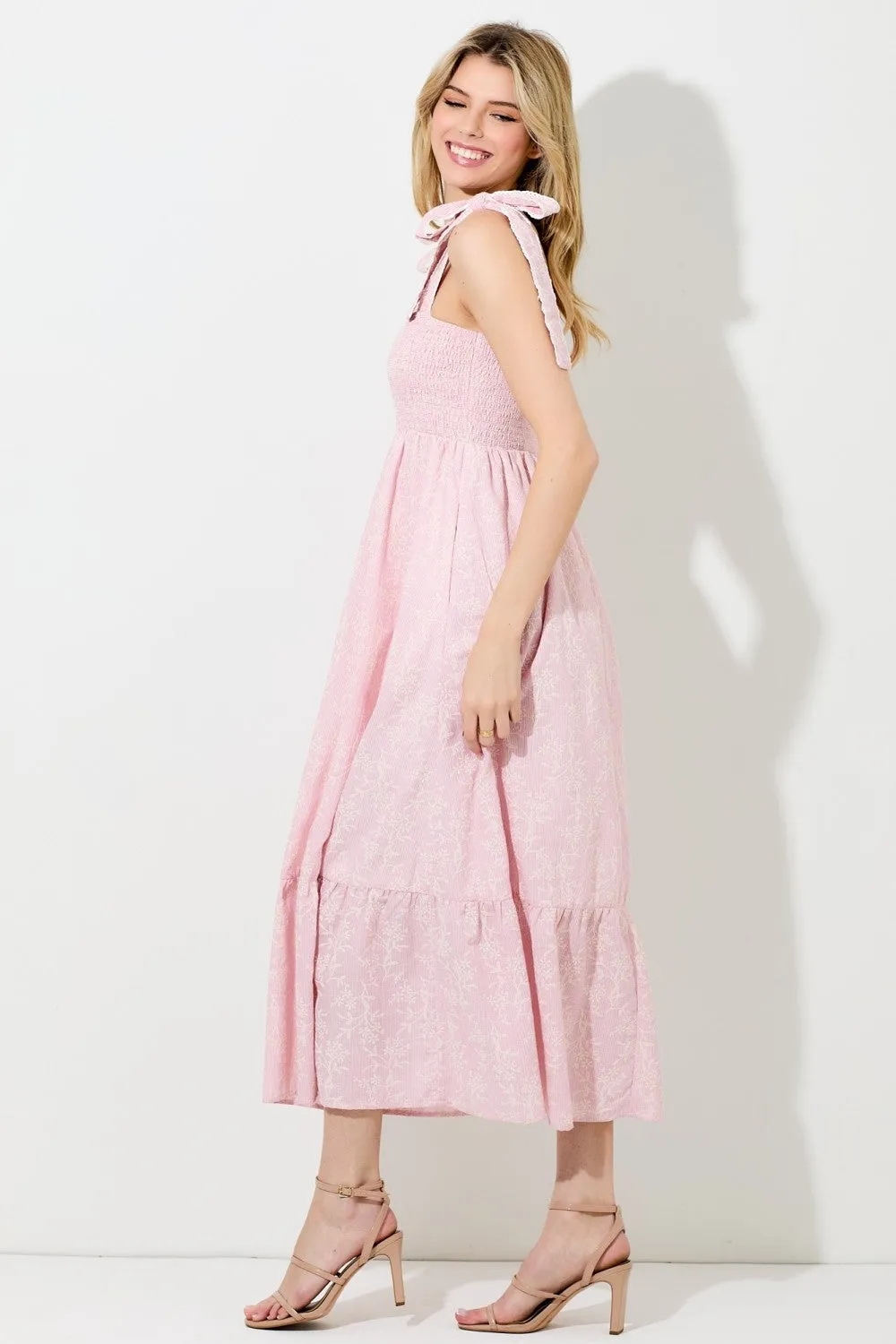 Pink Floral Smocked Shoulder Tie Midi Dress sold by Pinkblush product image thumbnail 2