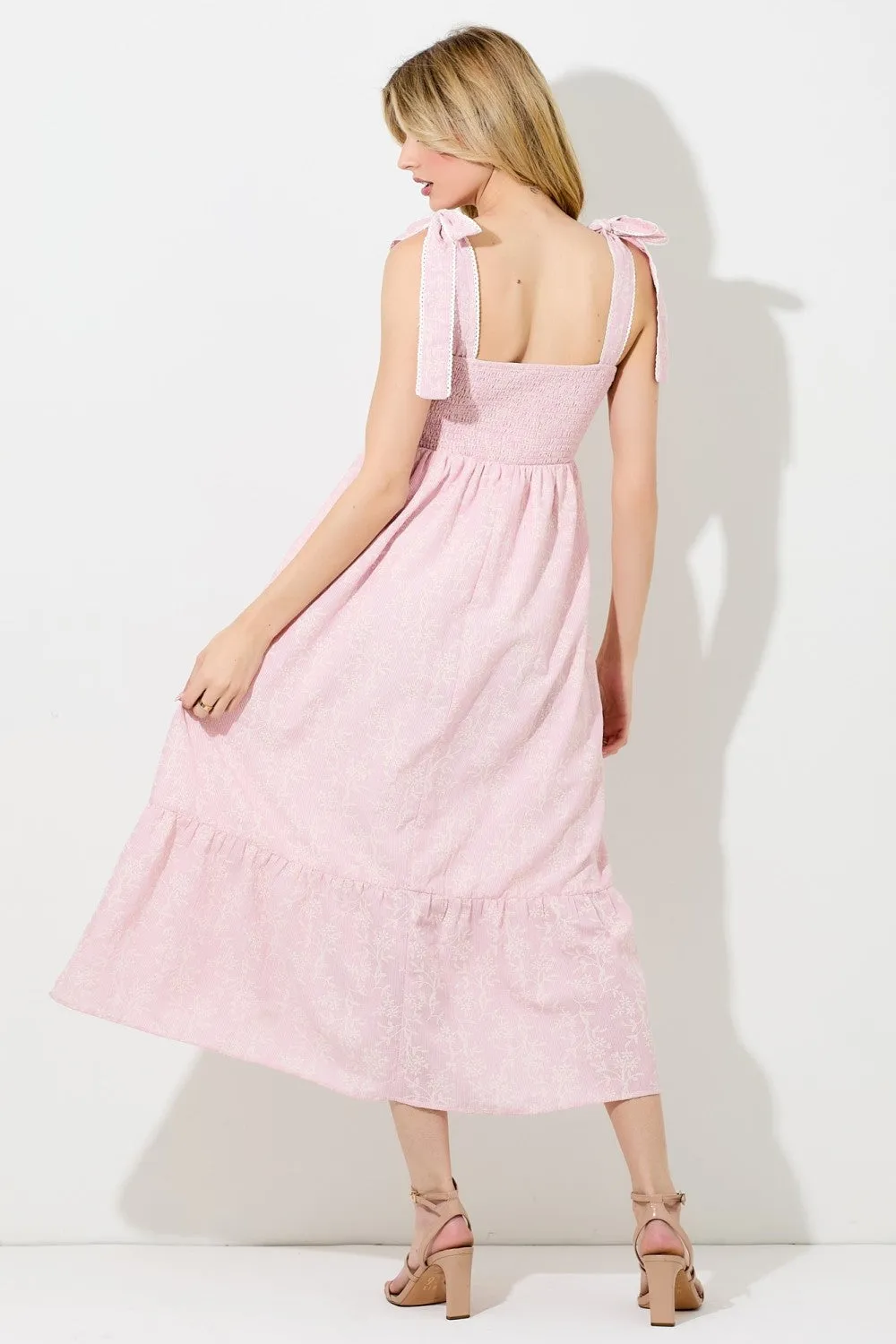 Pink Floral Smocked Shoulder Tie Midi Dress sold by Pinkblush product image thumbnail 3