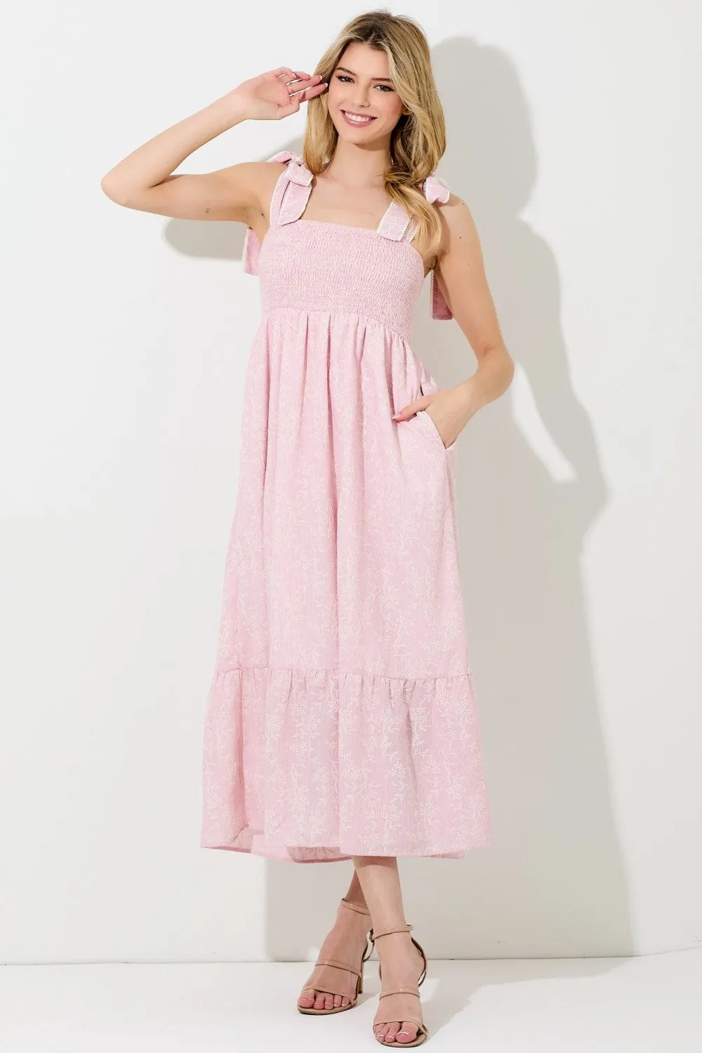 Pink Floral Smocked Shoulder Tie Midi Dress sold by Pinkblush