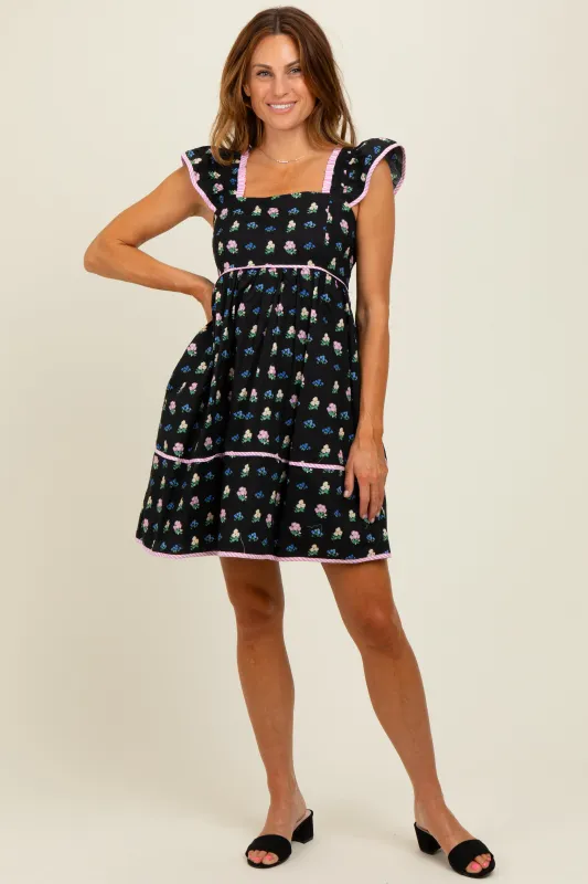 Black Floral Ruffle Strap Mini Dress sold by Pinkblush
