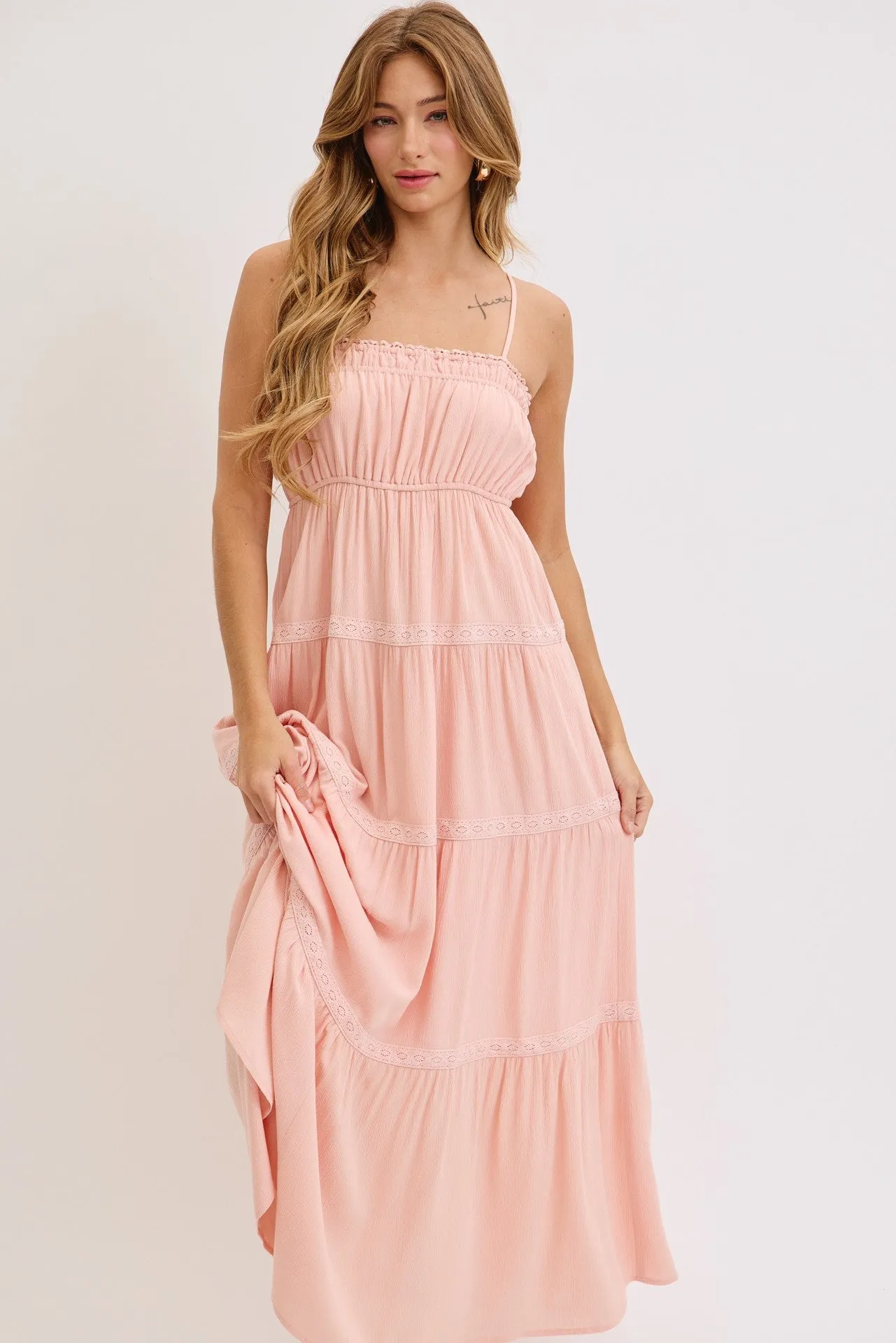 Light Pink Lace Tiered Sleeveless Maxi Dress sold by Pinkblush product image thumbnail 4