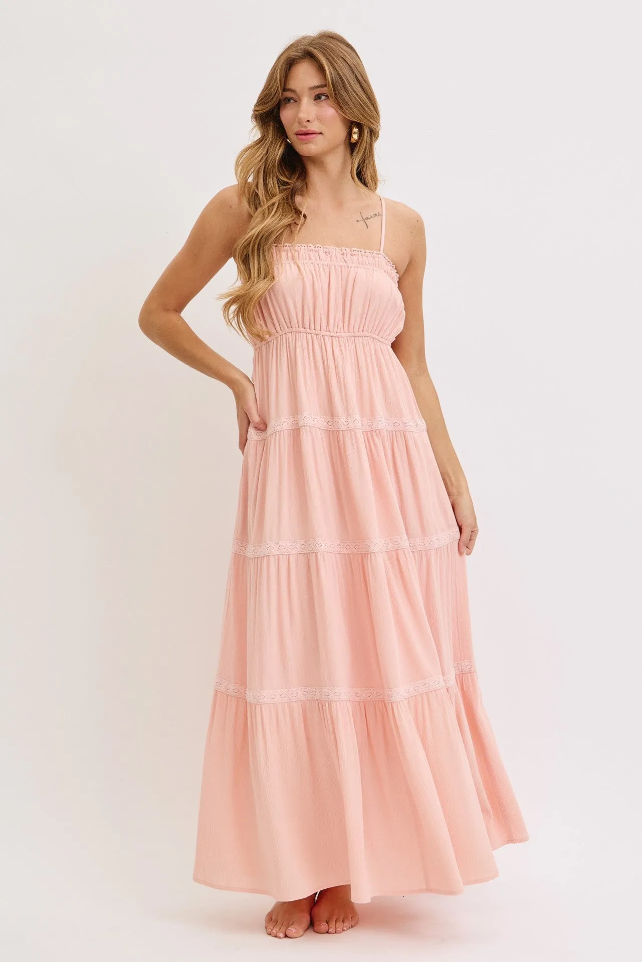 Light Pink Lace Tiered Sleeveless Maxi Dress sold by Pinkblush