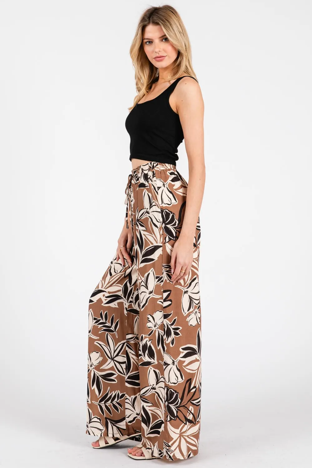 Mocha Floral Drawstring Wide Leg Pants sold by Pinkblush product image thumbnail 2