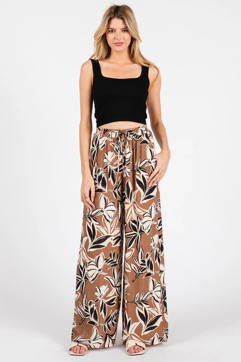 Mocha Floral Drawstring Wide Leg Pants sold by Pinkblush