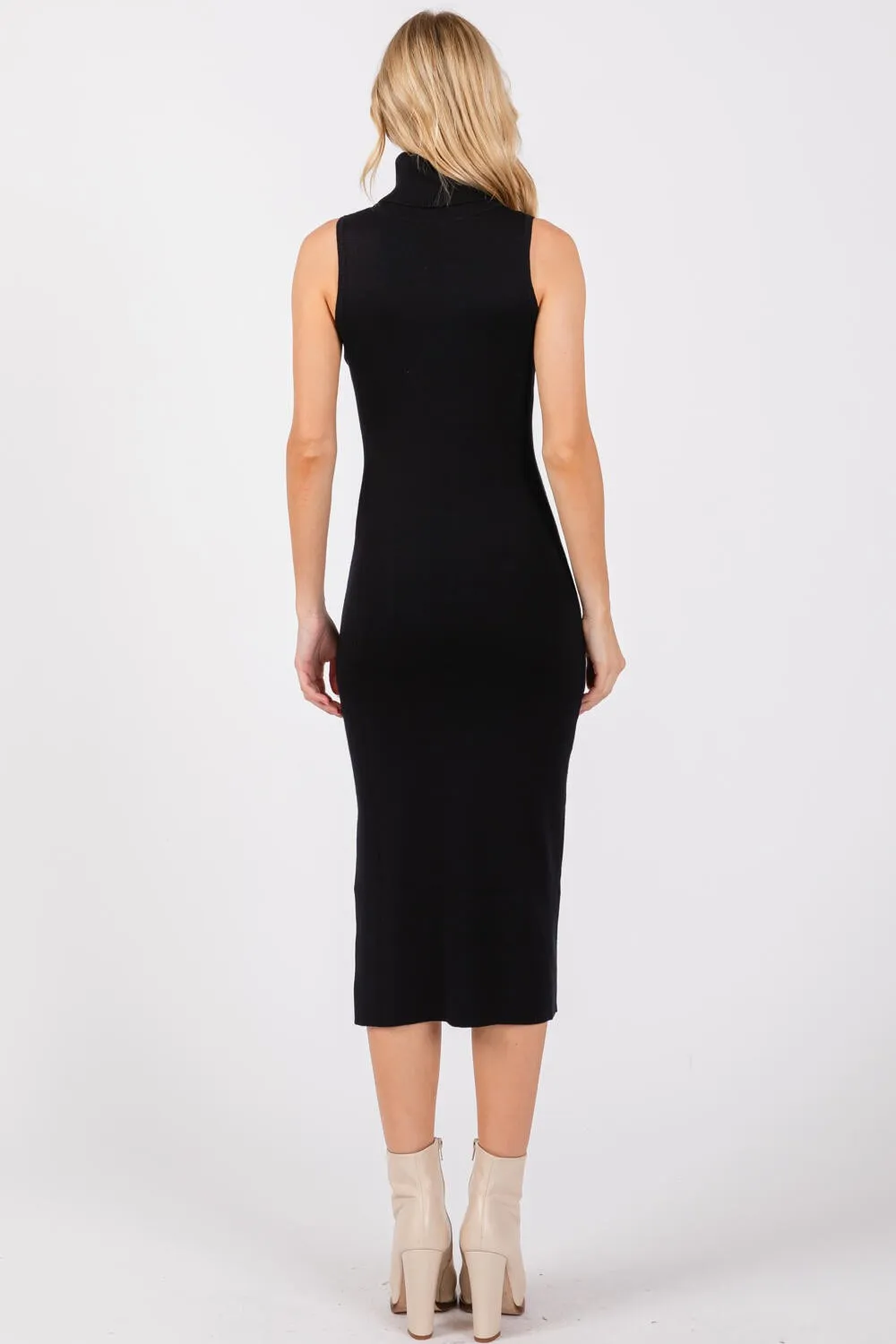 Black Knit Turtleneck Sleeveless Side Slit Midi Dress sold by Pinkblush product image thumbnail 3
