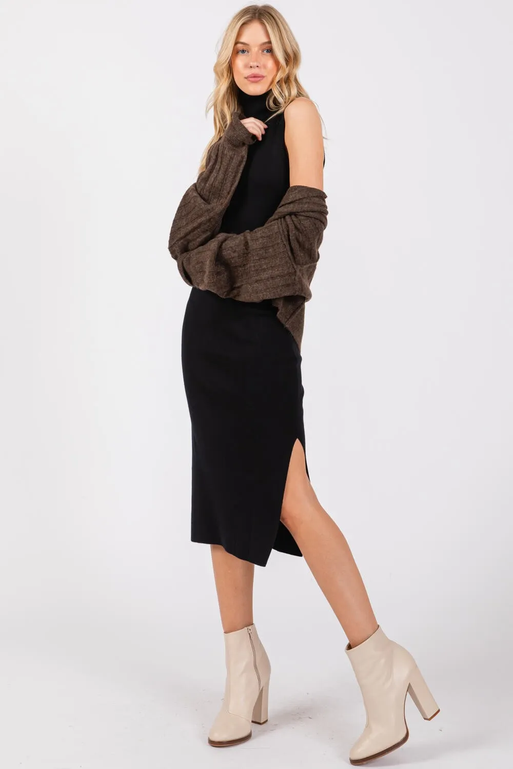 Black Knit Turtleneck Sleeveless Side Slit Midi Dress sold by Pinkblush product image thumbnail 4