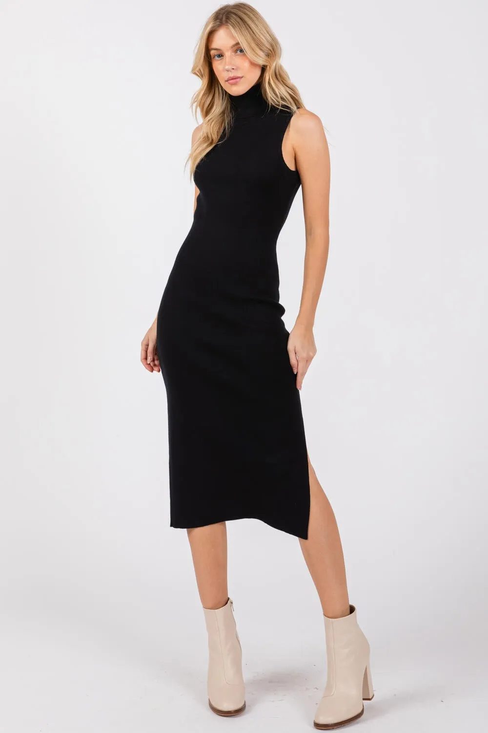 Black Knit Turtleneck Sleeveless Side Slit Midi Dress sold by Pinkblush