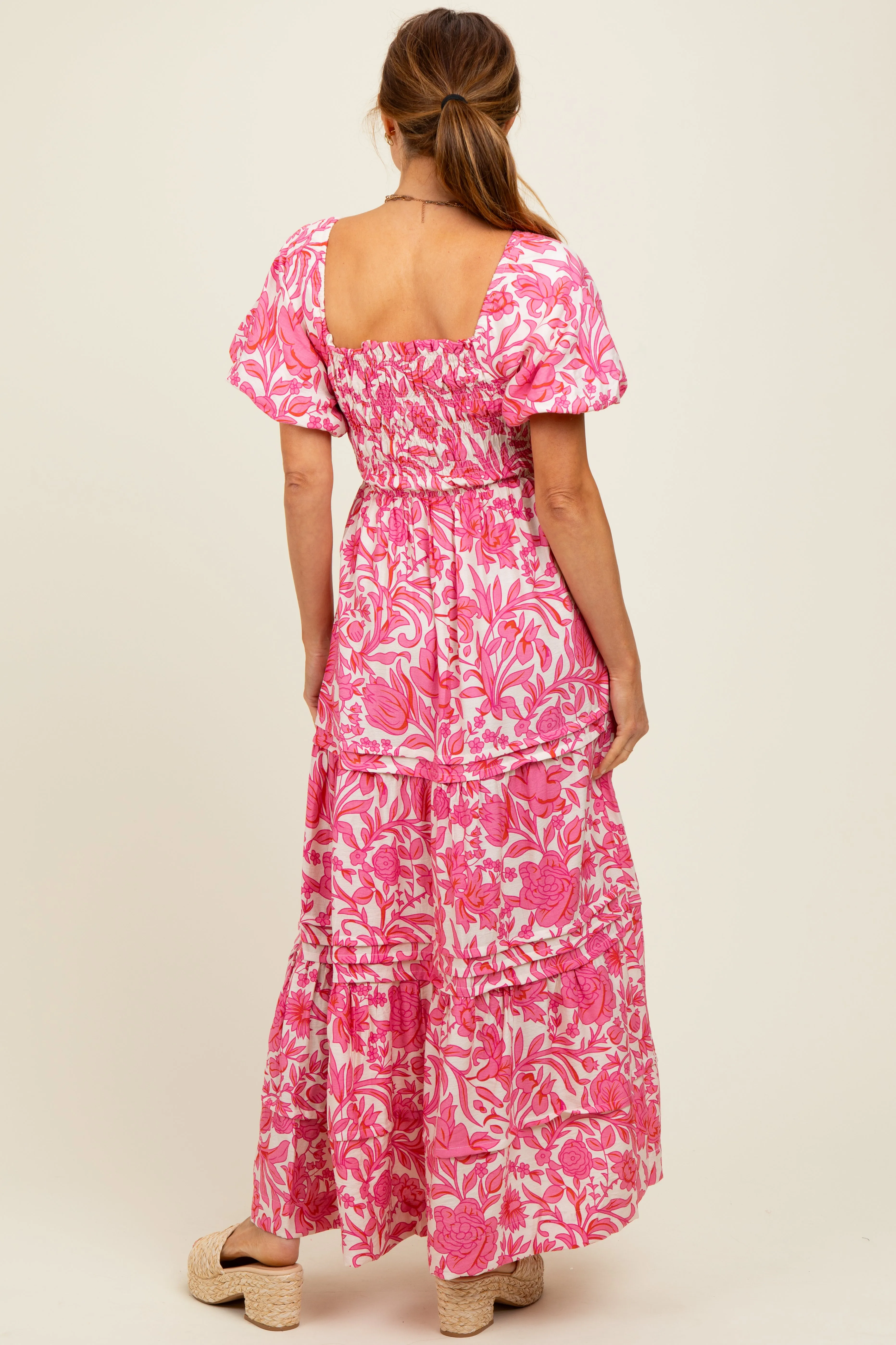 Pink Floral Smocked Puff Sleeve Maxi Dress sold by Pinkblush product image thumbnail 4