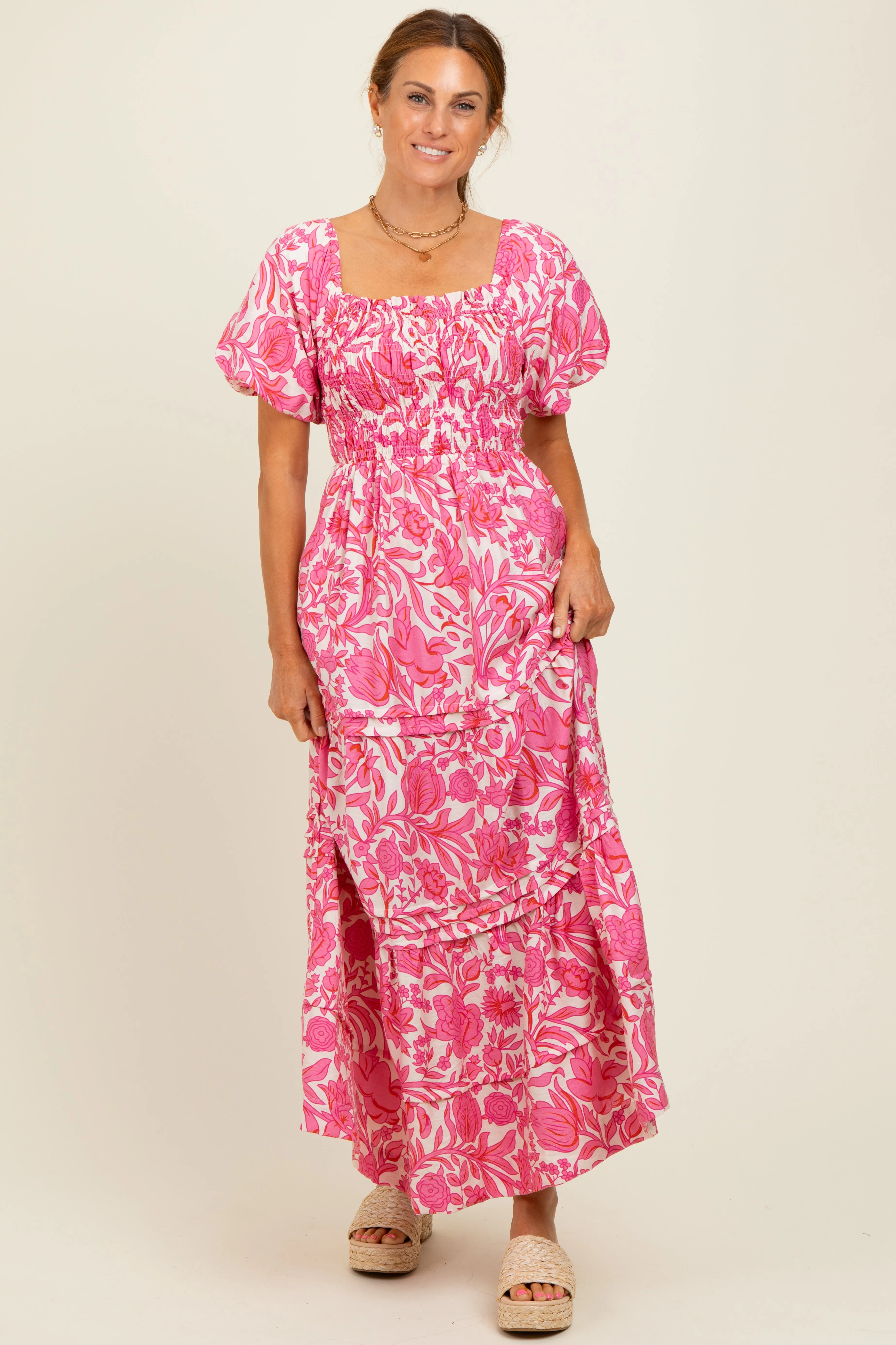 Pink Floral Smocked Puff Sleeve Maxi Dress sold by Pinkblush