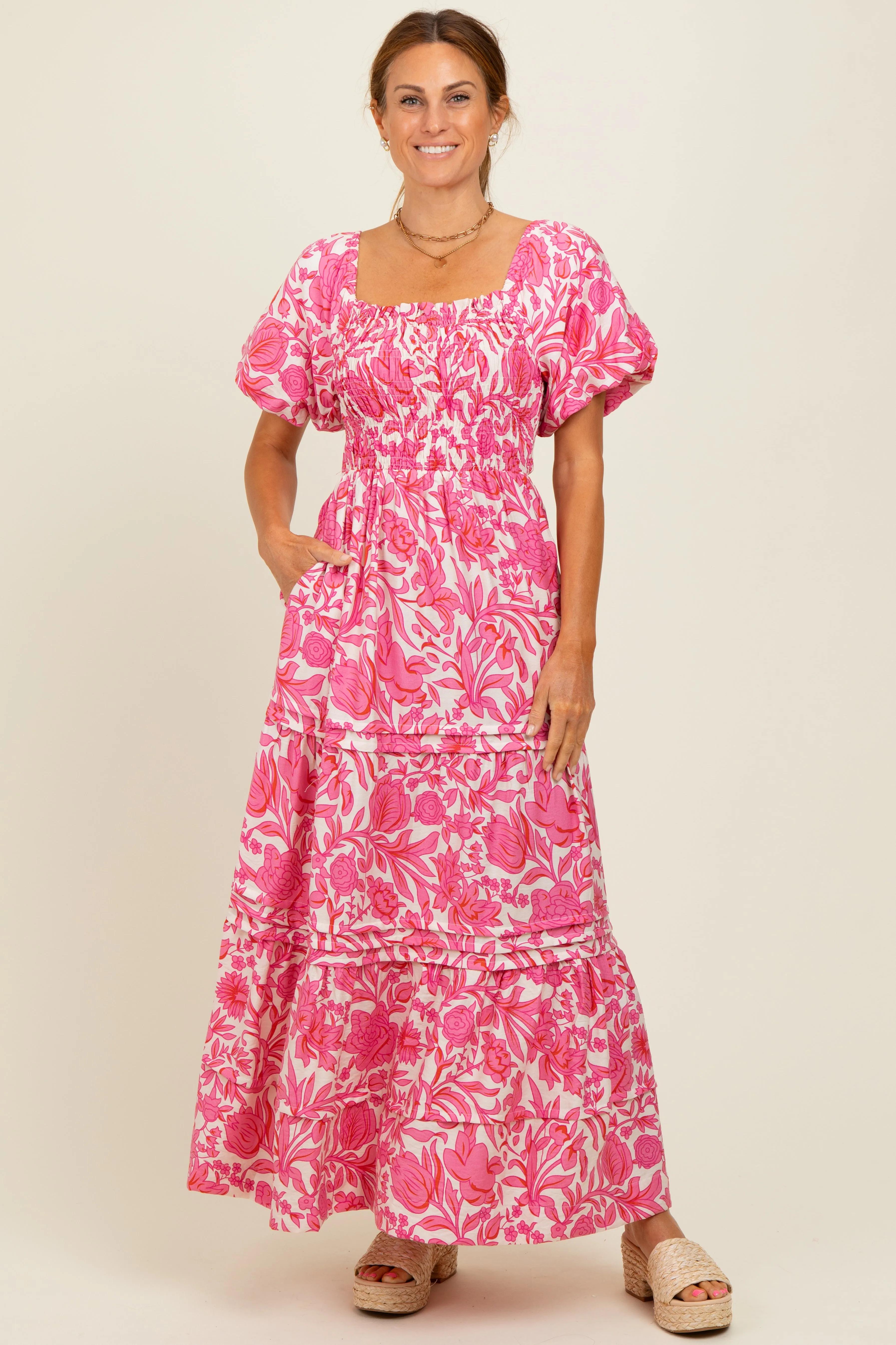 Pink Floral Smocked Puff Sleeve Maxi Dress sold by Pinkblush product image thumbnail 2