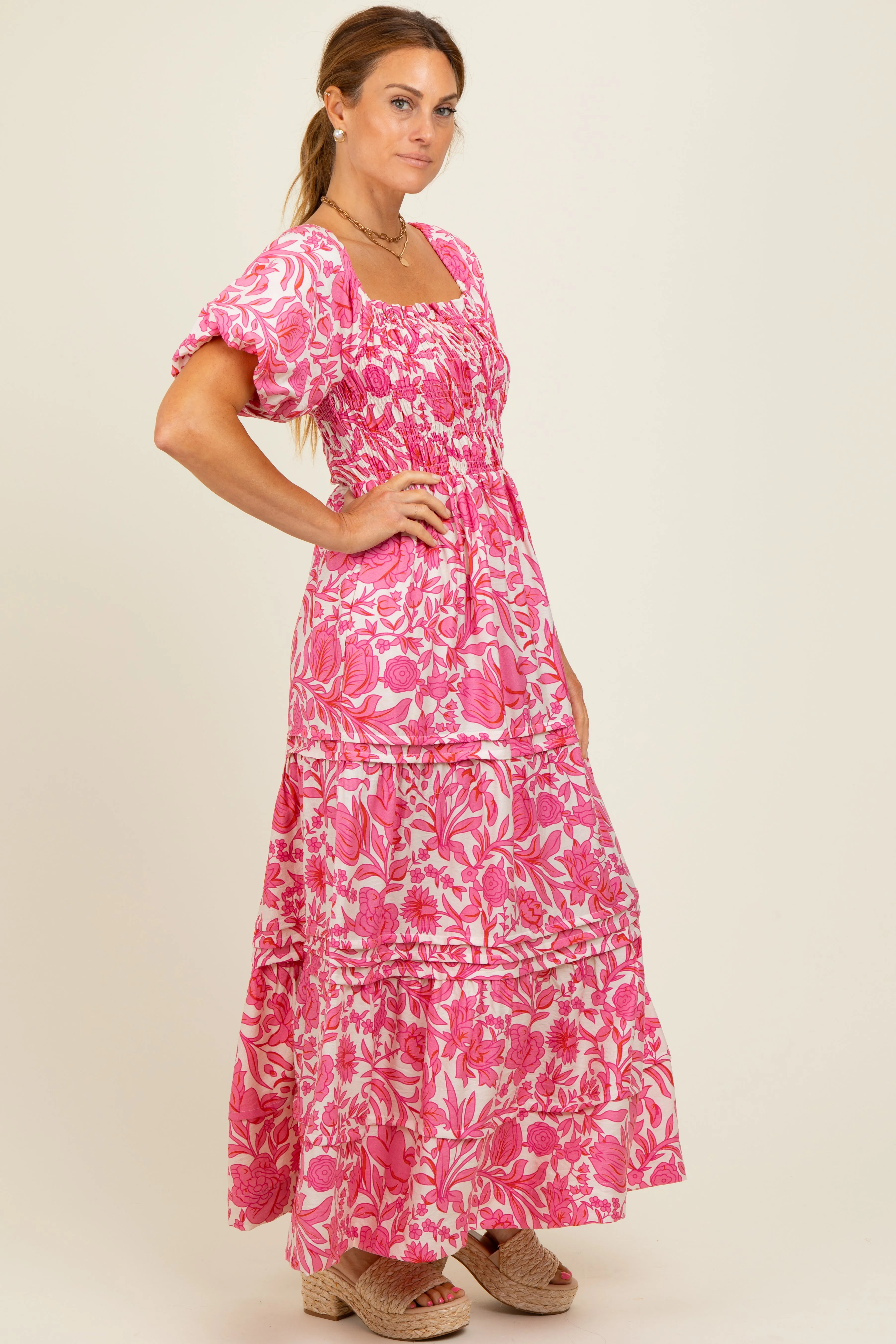 Pink Floral Smocked Puff Sleeve Maxi Dress sold by Pinkblush product image thumbnail 3