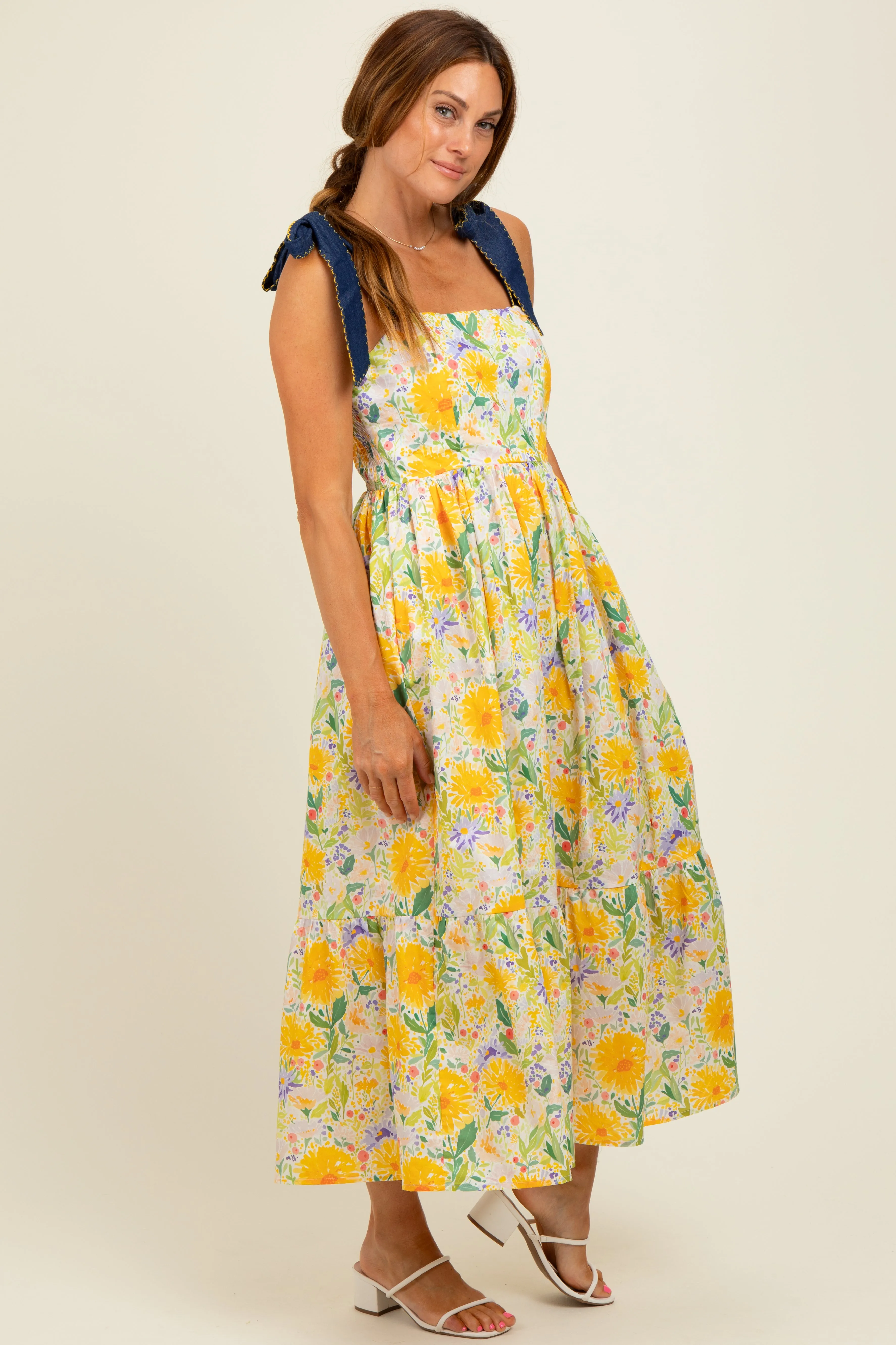 Yellow Floral Contrast Shoulder Tie Midi Dress sold by Pinkblush product image thumbnail 3
