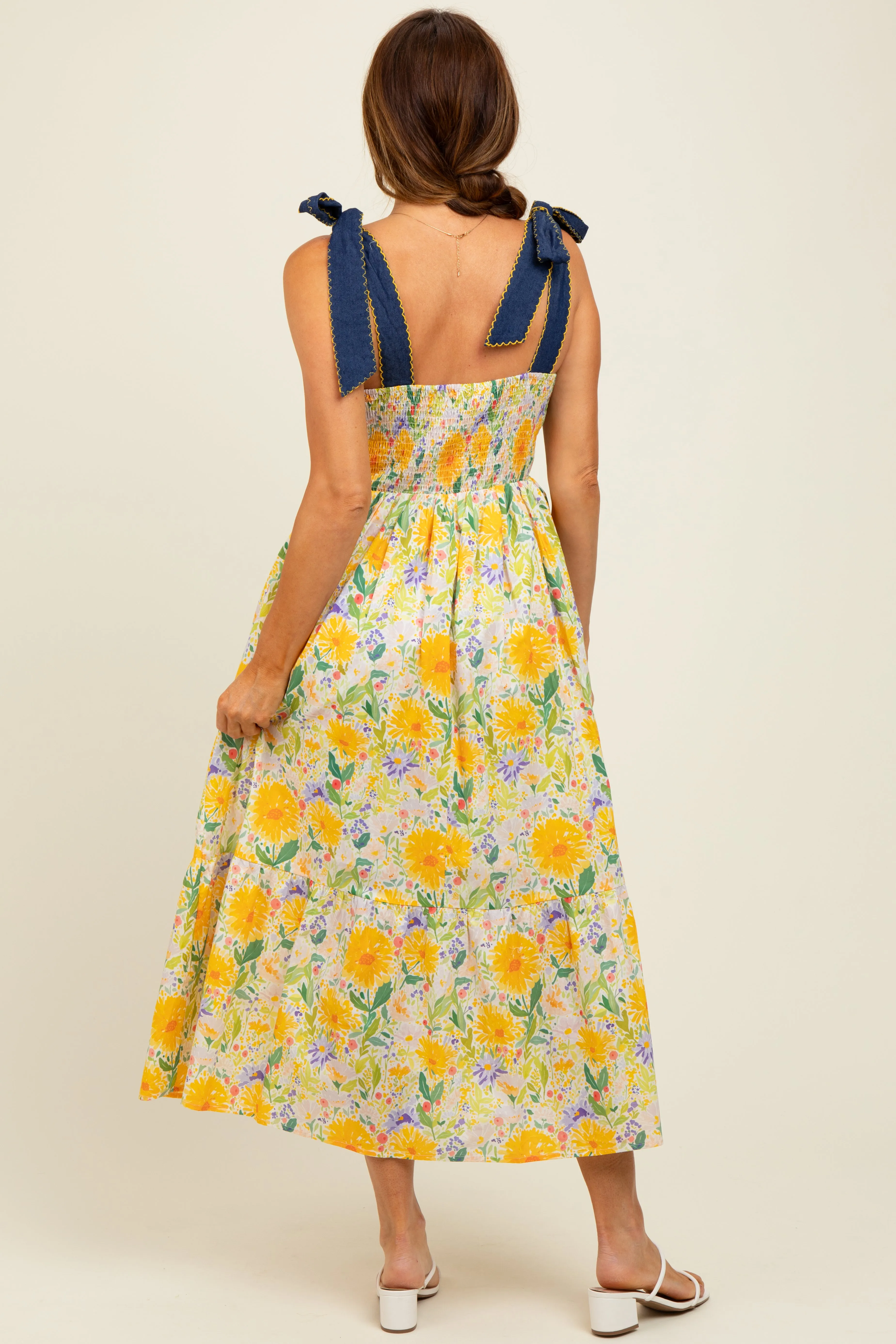 Yellow Floral Contrast Shoulder Tie Midi Dress sold by Pinkblush product image thumbnail 4