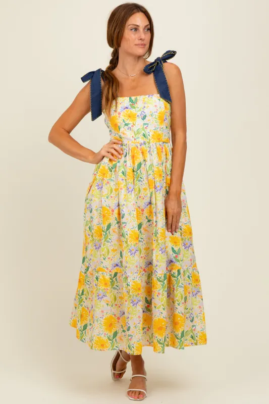 Yellow Floral Contrast Shoulder Tie Midi Dress sold by Pinkblush