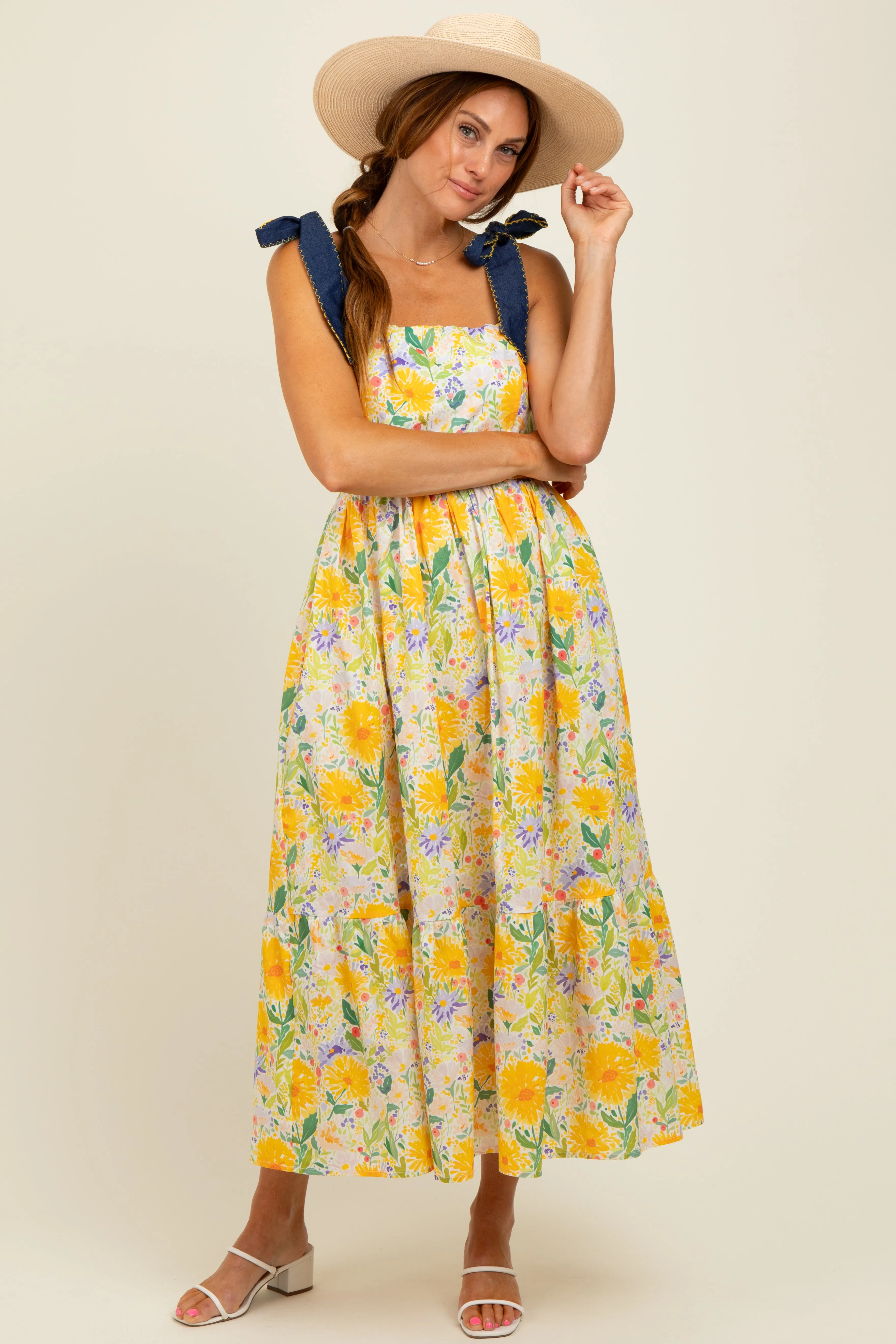 Yellow Floral Contrast Shoulder Tie Midi Dress sold by Pinkblush product image thumbnail 2