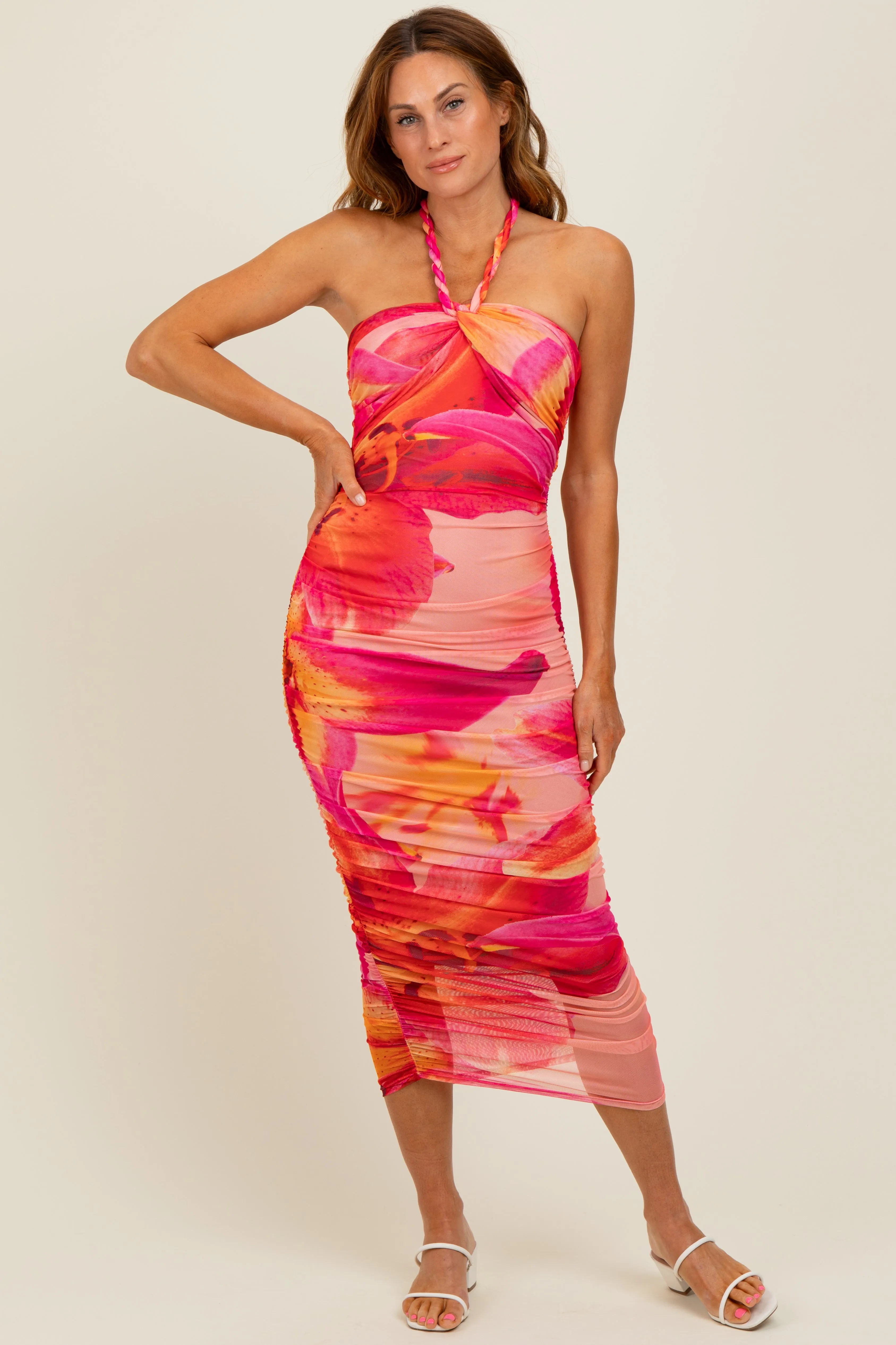 Red Flower Mesh Halter Midi Dress sold by Pinkblush