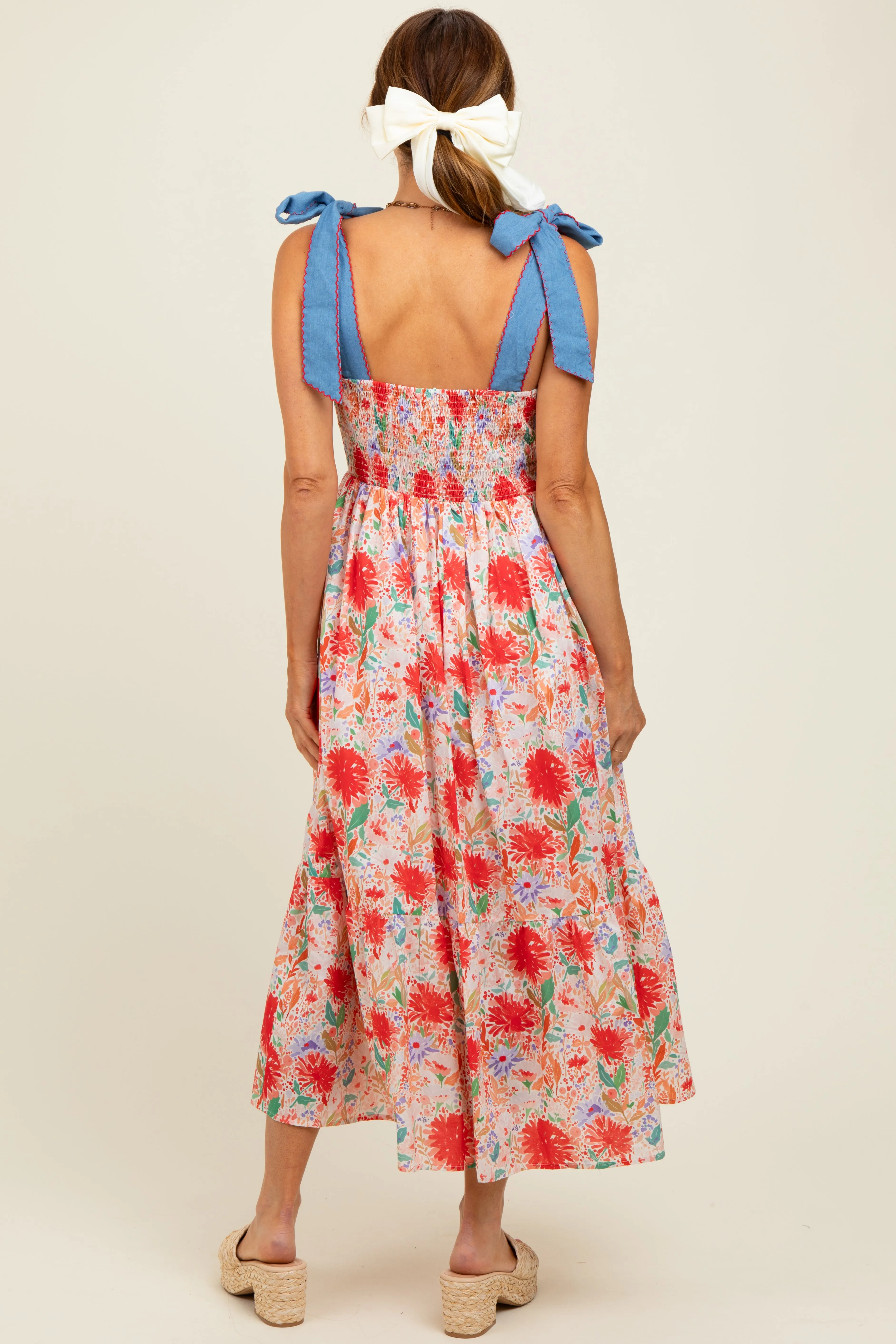 Red Floral Contrast Shoulder Tie Midi Dress sold by Pinkblush product image thumbnail 4