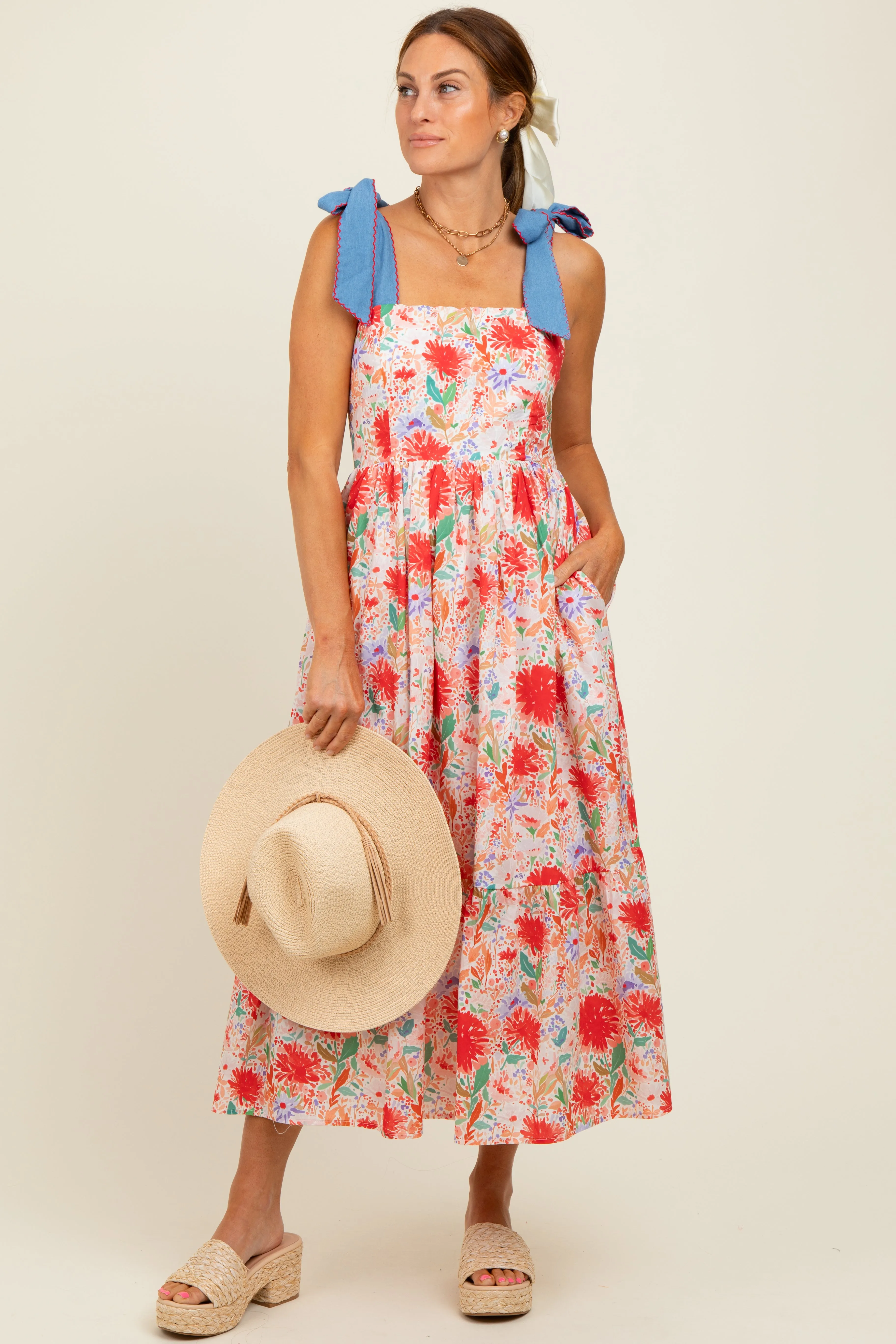 Red Floral Contrast Shoulder Tie Midi Dress sold by Pinkblush