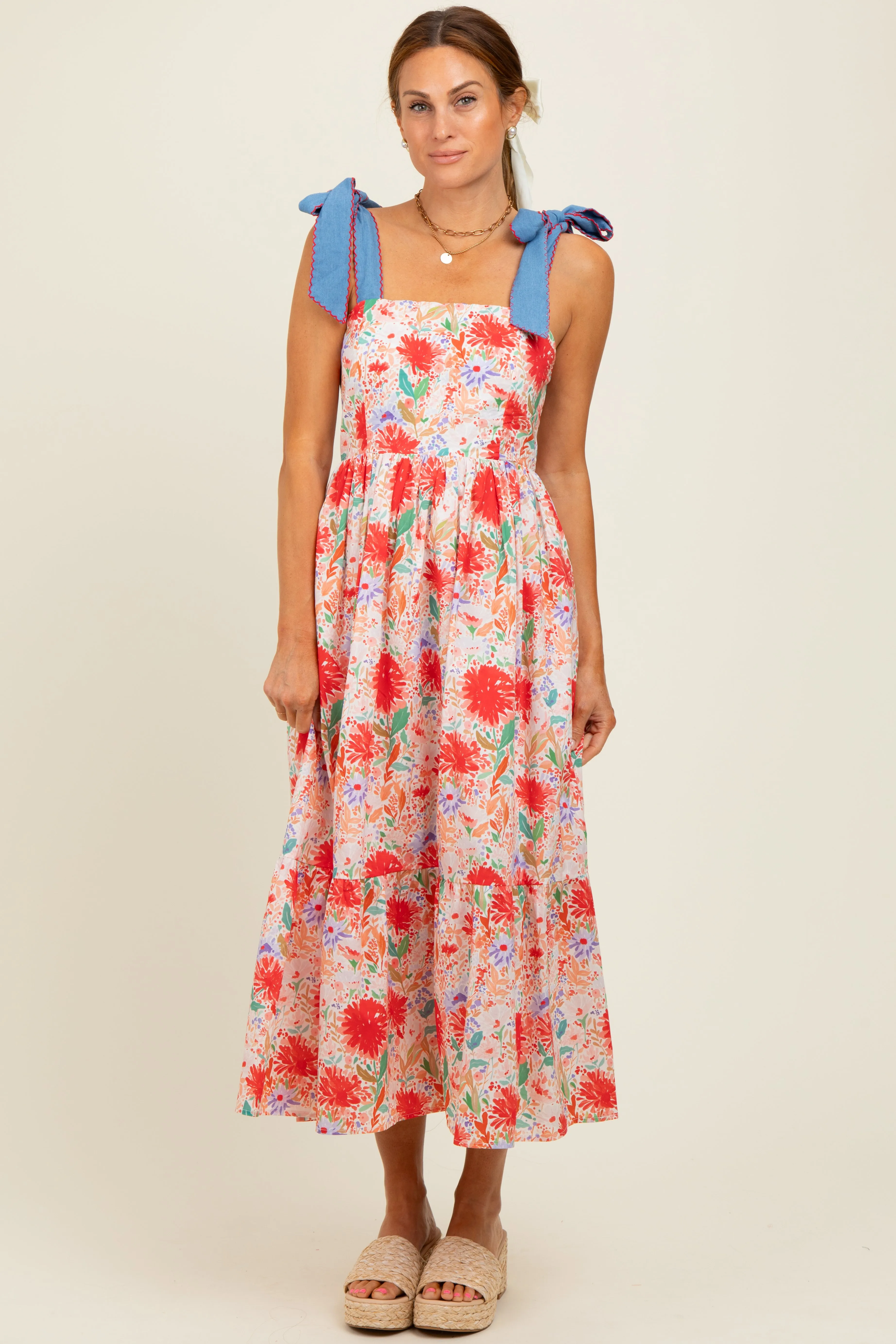 Red Floral Contrast Shoulder Tie Midi Dress sold by Pinkblush product image thumbnail 2