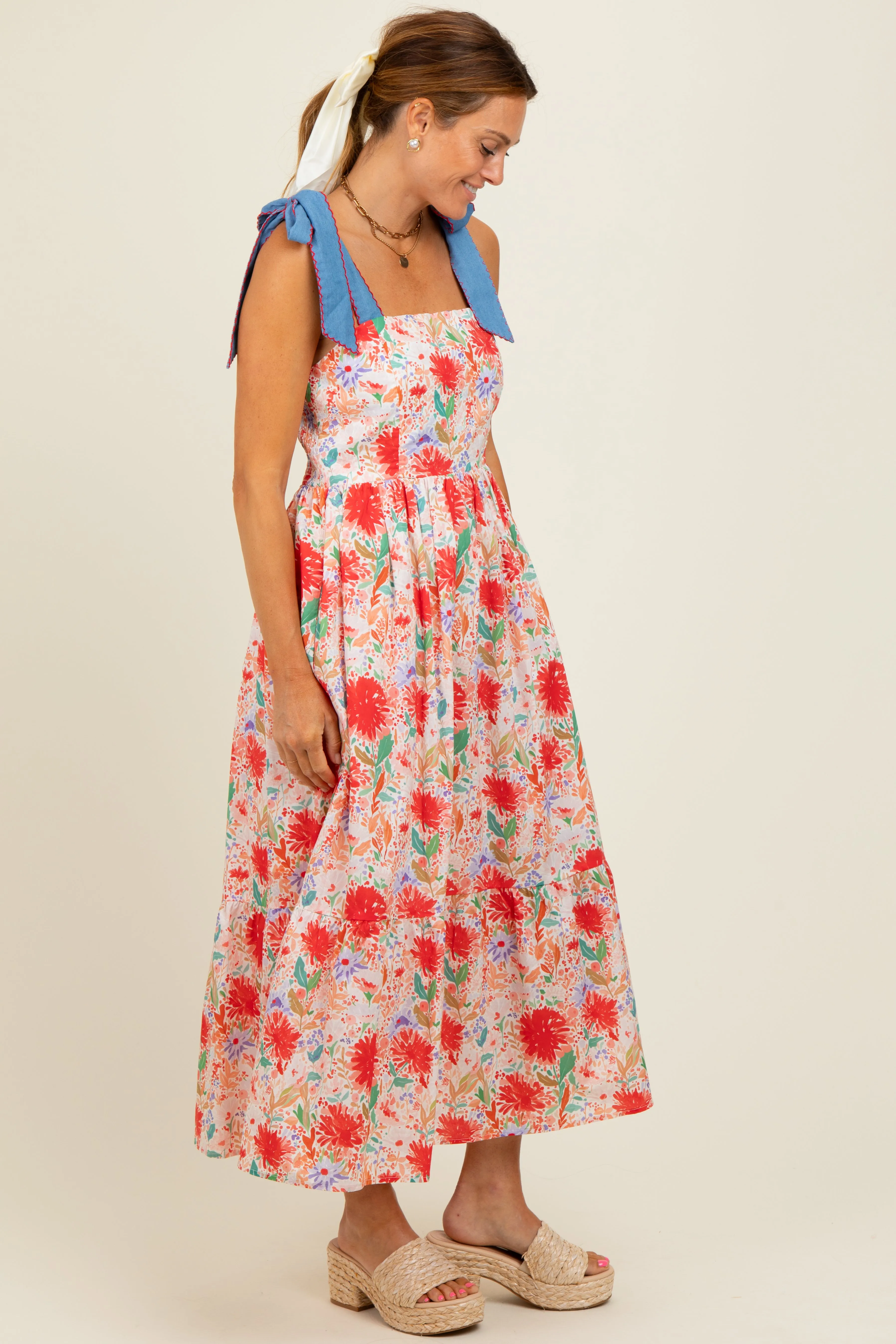 Red Floral Contrast Shoulder Tie Midi Dress sold by Pinkblush product image thumbnail 3