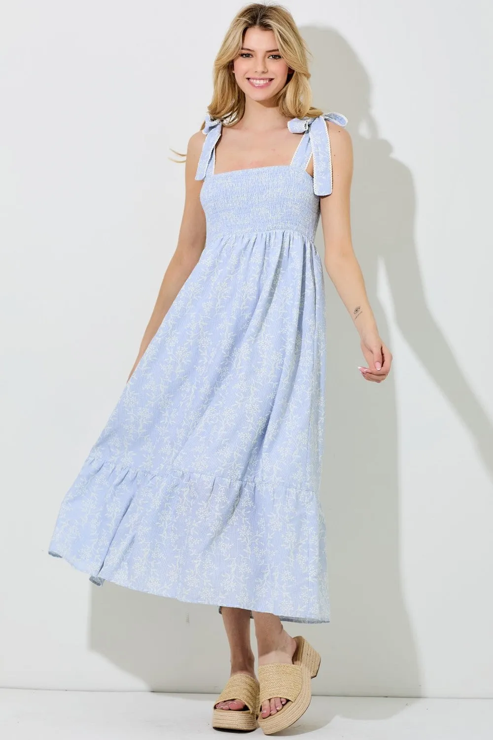 Blue Floral Smocked Shoulder Tie Midi Dress sold by Pinkblush