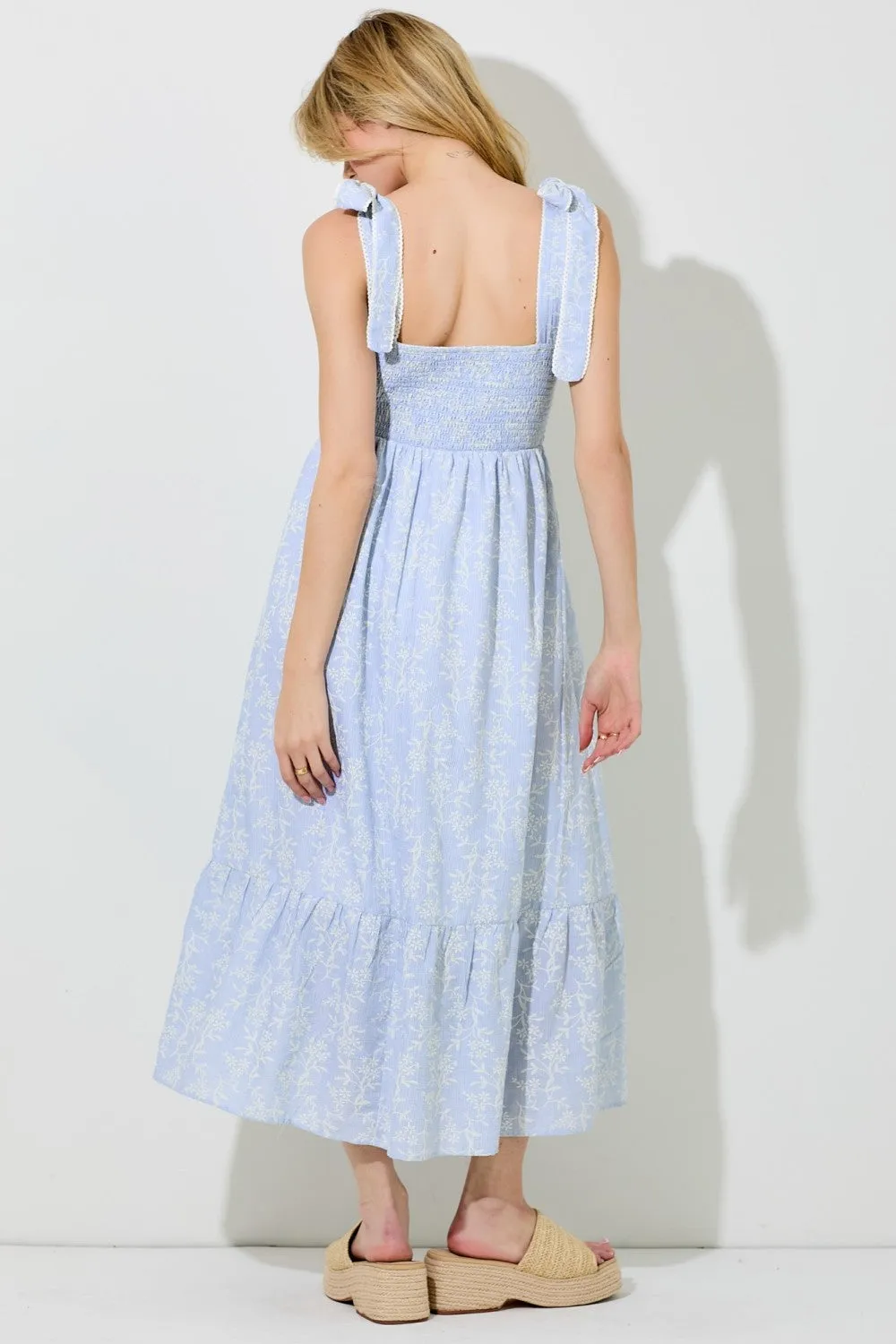 Blue Floral Smocked Shoulder Tie Midi Dress sold by Pinkblush product image thumbnail 3