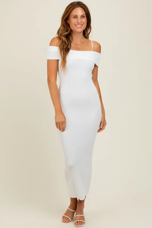 Ivory Rib Knit Off Shoulder Fitted Midi Dress sold by Pinkblush