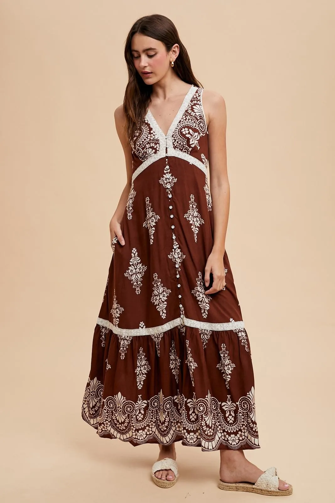 Brown Border Print Resort Maxi Dress sold by Pinkblush