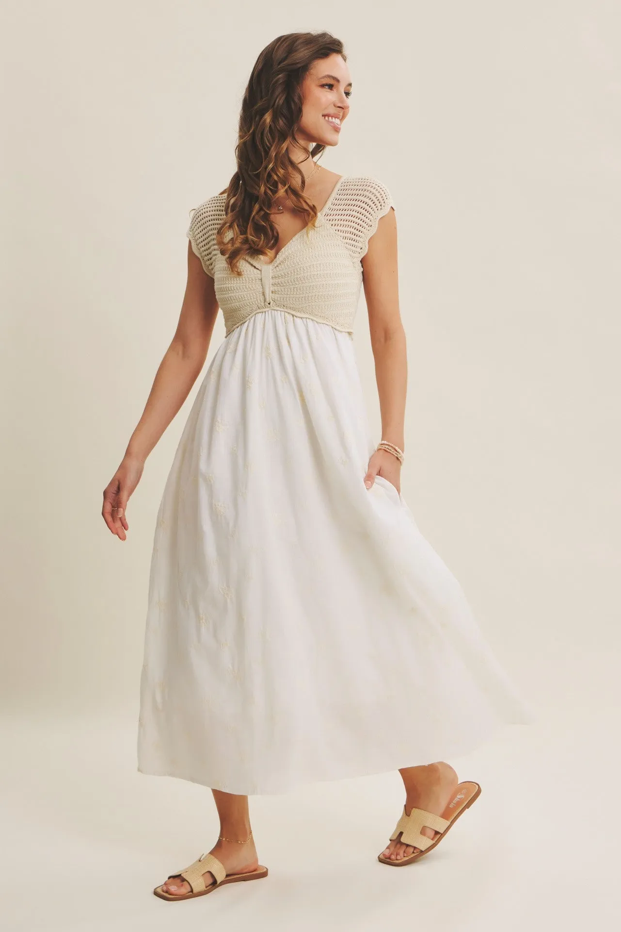 Ivory Crochet Sweater Floral Embroidery Midi Dress sold by Pinkblush product image thumbnail 3