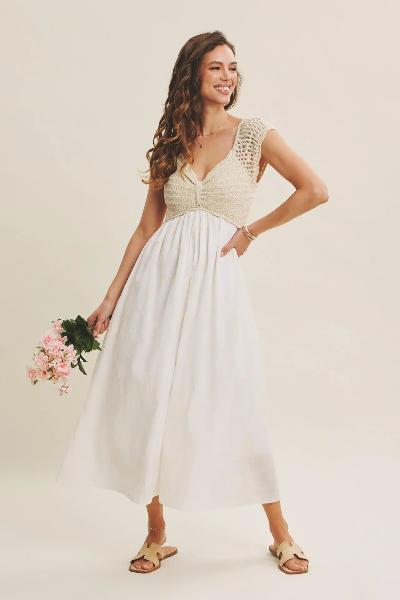 Ivory Crochet Sweater Floral Embroidery Midi Dress sold by Pinkblush