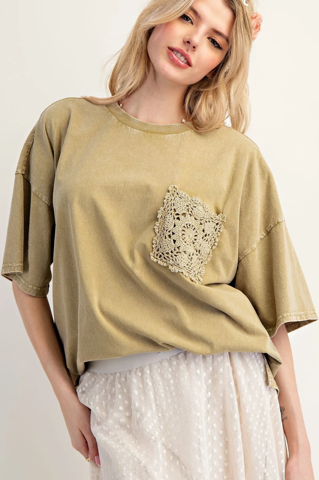 Olive Mineral Wash Crochet Pocket Top sold by Pinkblush