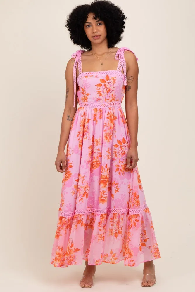 Pink Floral Shoulder Tie Tiered Maxi Dress sold by Pinkblush