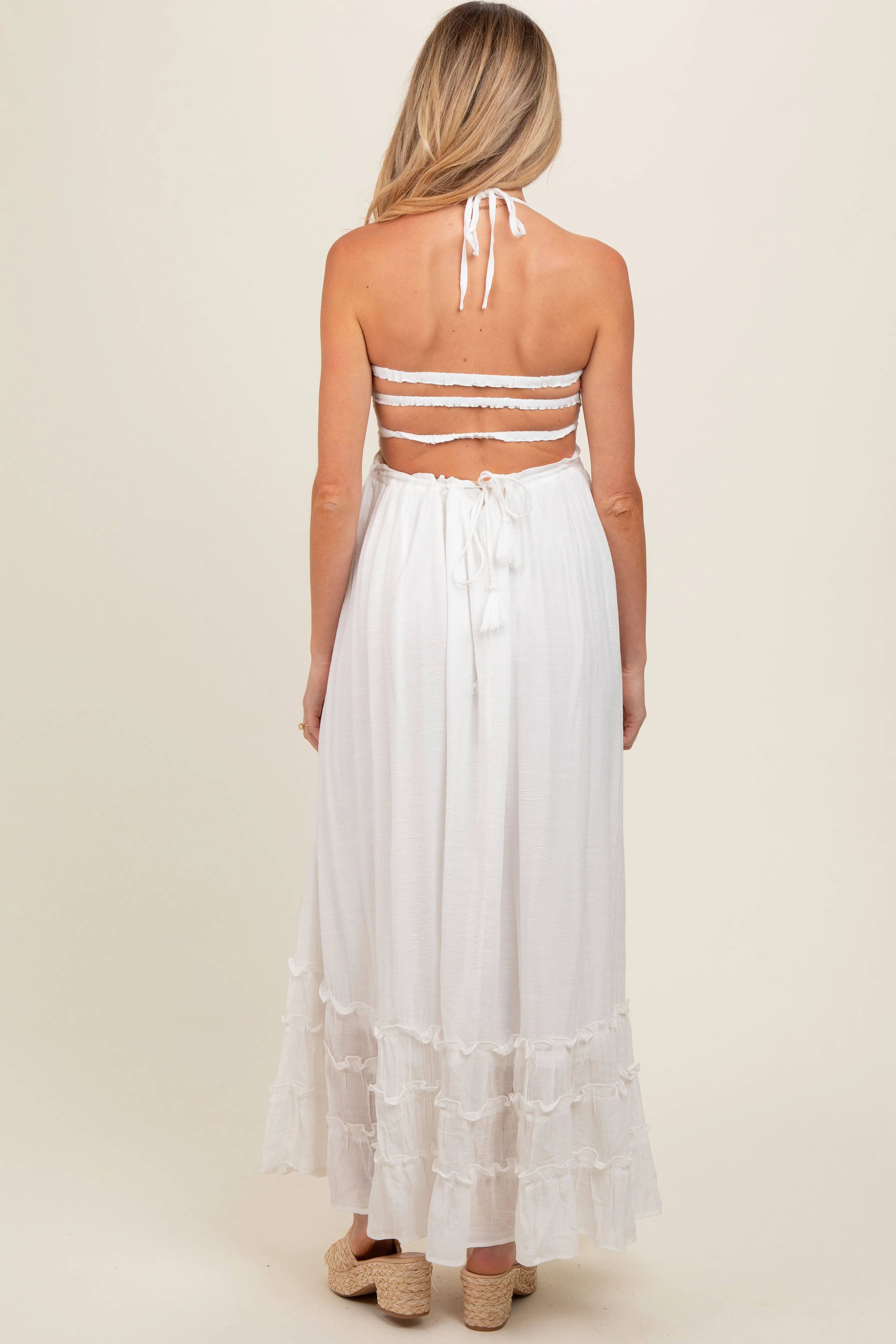 White Smocked Halter Cutout Maternity Maxi Dress sold by Pinkblush product image thumbnail 4
