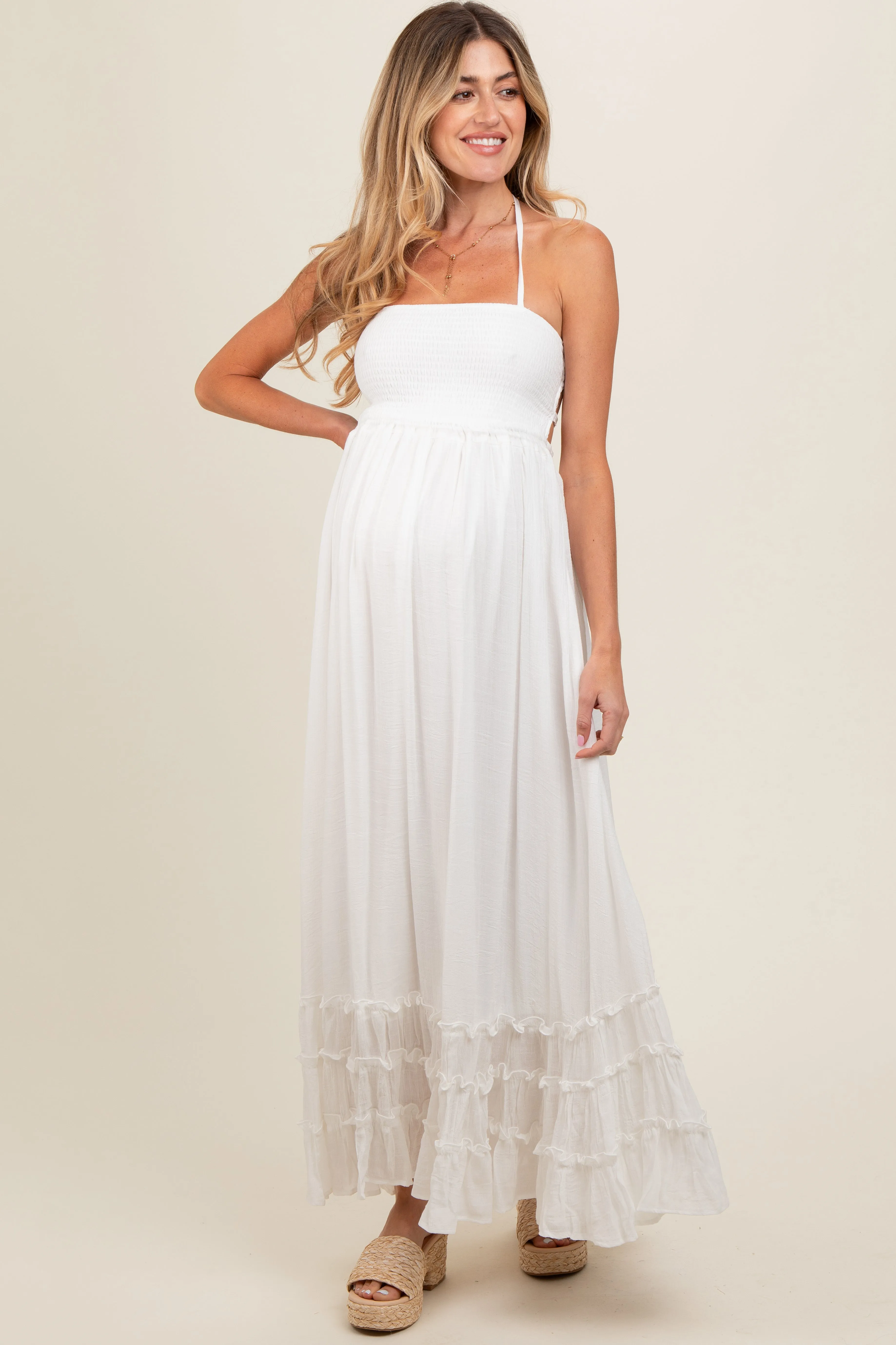 White Smocked Halter Cutout Maternity Maxi Dress sold by Pinkblush