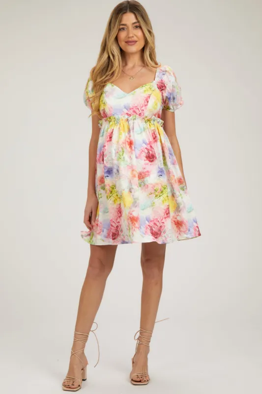 Multi-Color Floral V-Neck Short Puff Sleeve Ruffle Waist Maternity Dress sold by Pinkblush