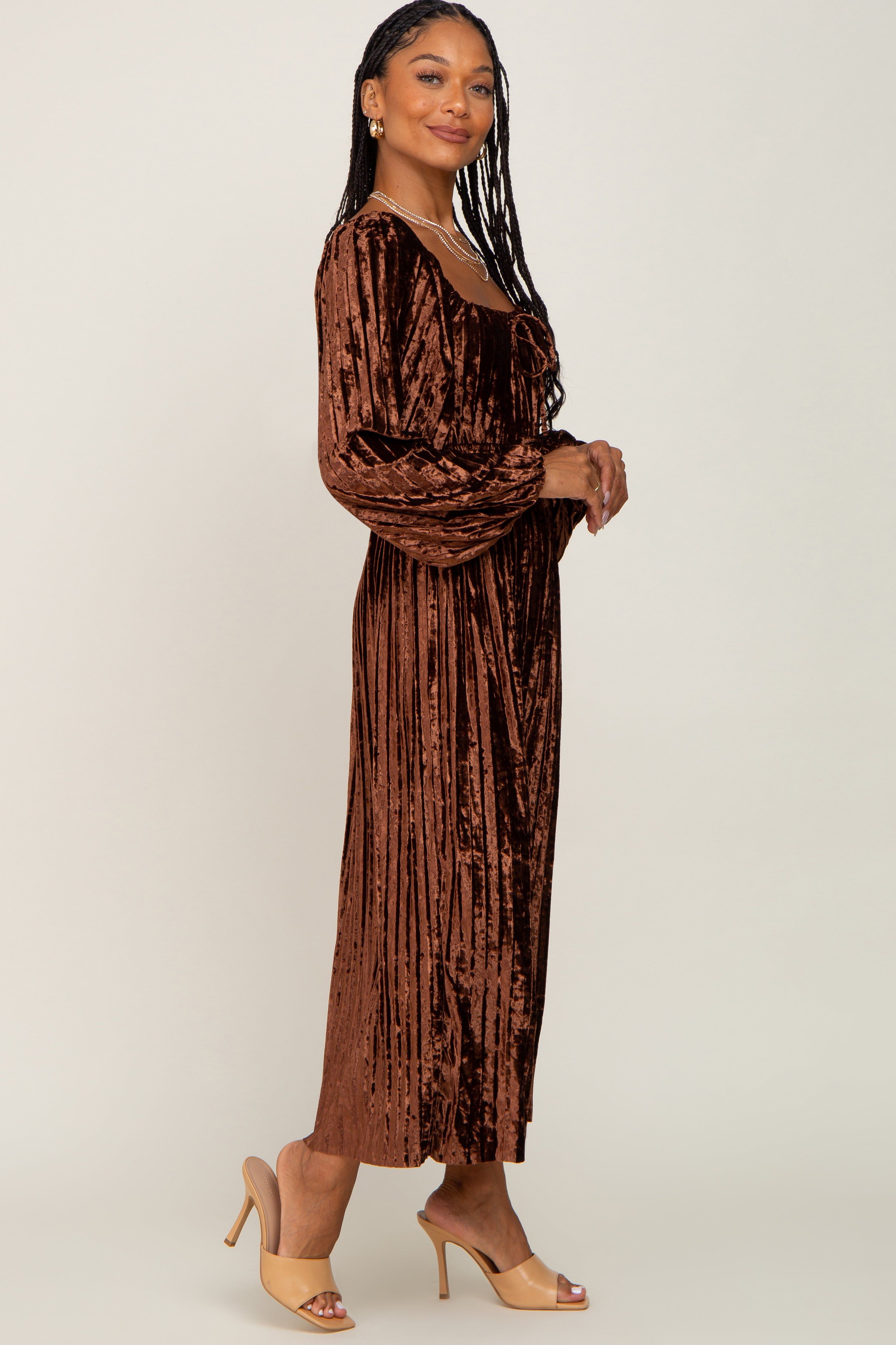 Brown Velvet Pleated Midi Dress sold by Pinkblush product image thumbnail 2