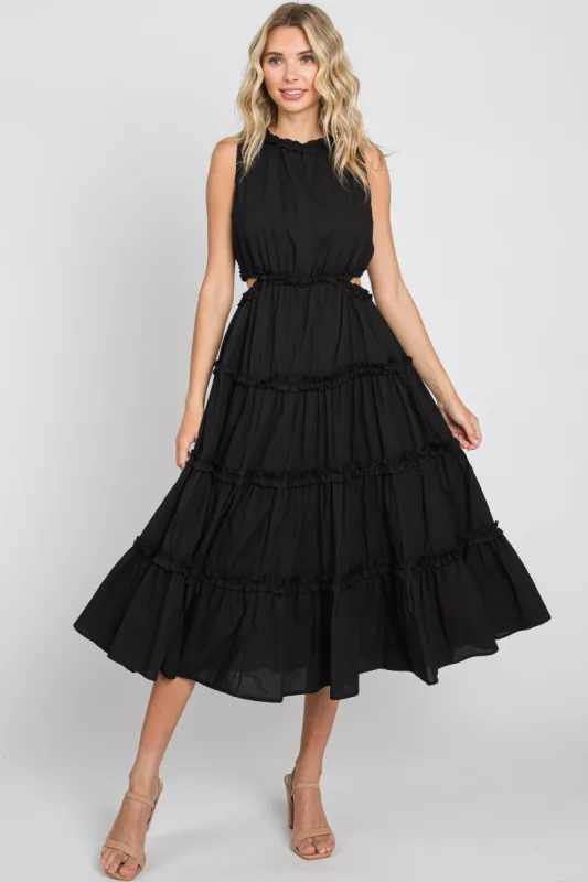 Black Tiered Ruffle Cutout Midi Dress sold by Pinkblush