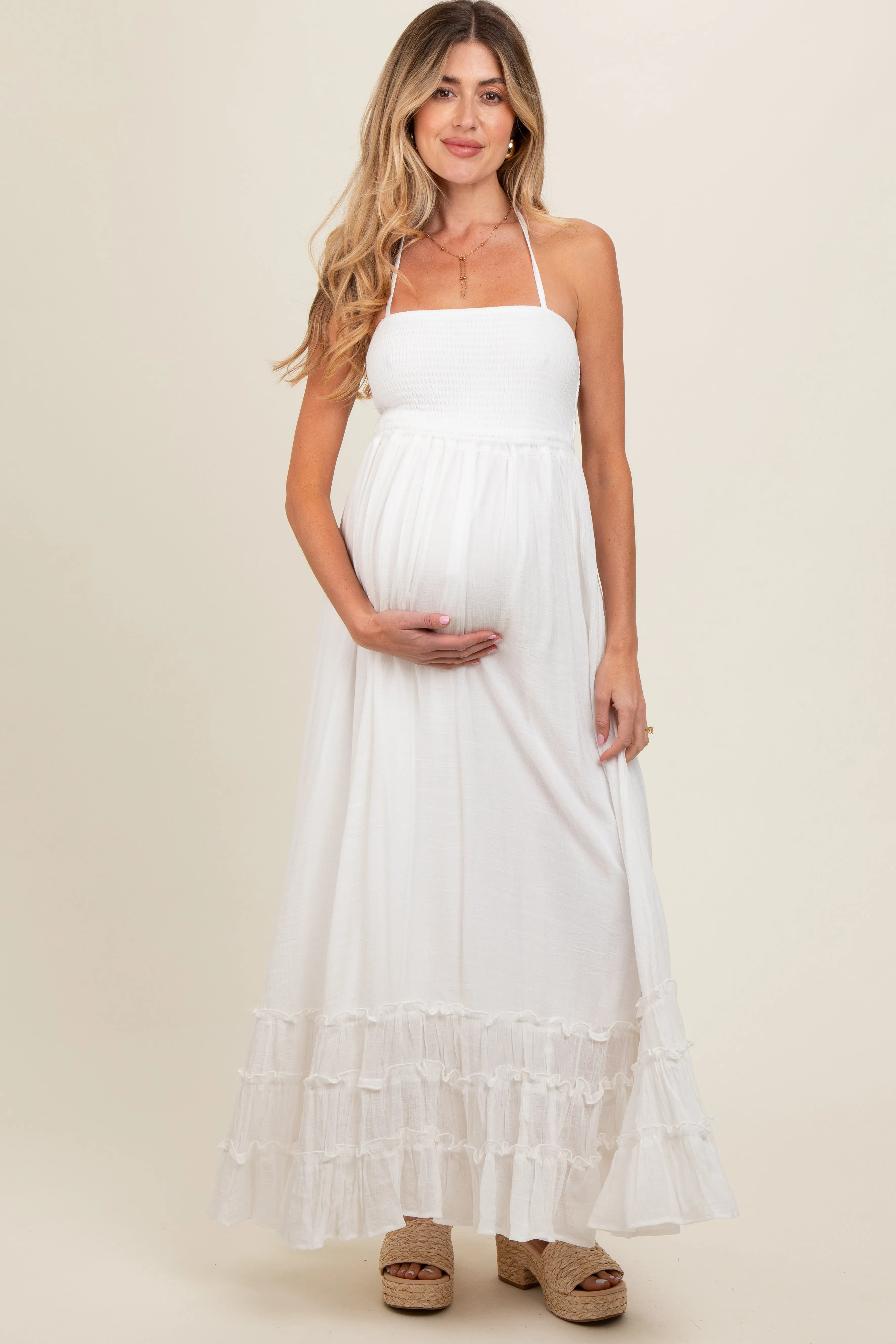White Smocked Halter Cutout Maternity Maxi Dress sold by Pinkblush product image thumbnail 2