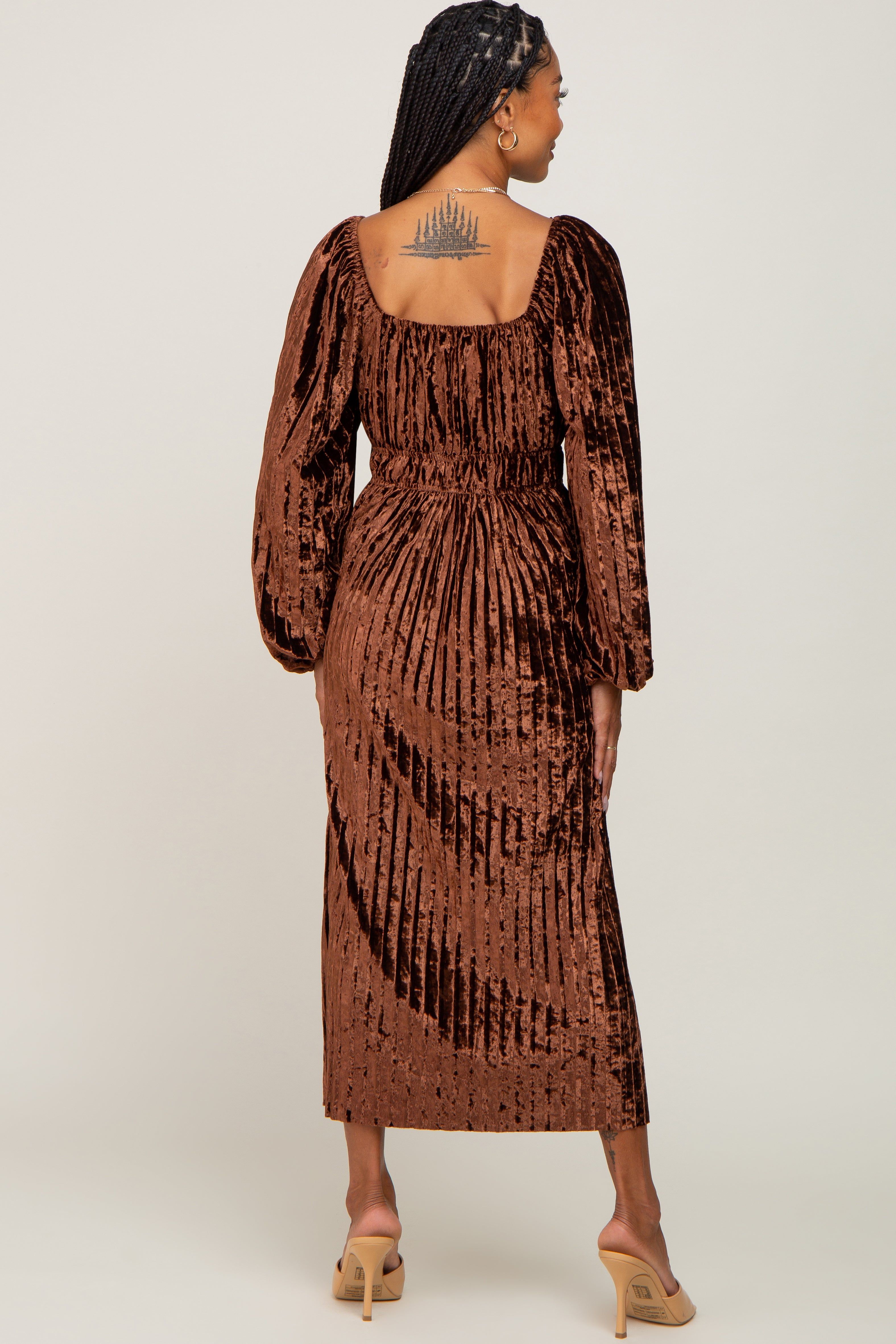 Brown Velvet Pleated Midi Dress sold by Pinkblush product image thumbnail 3